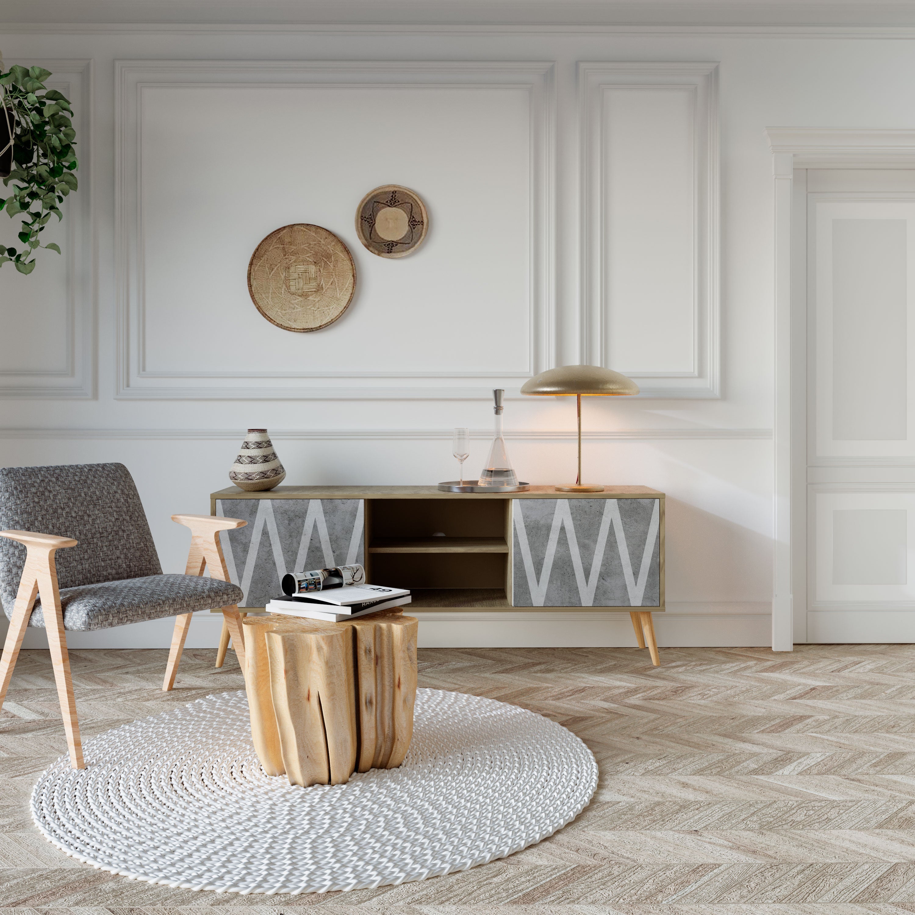 SOLID ZIG ZAG 2-Door TV Stand in Oak Effect