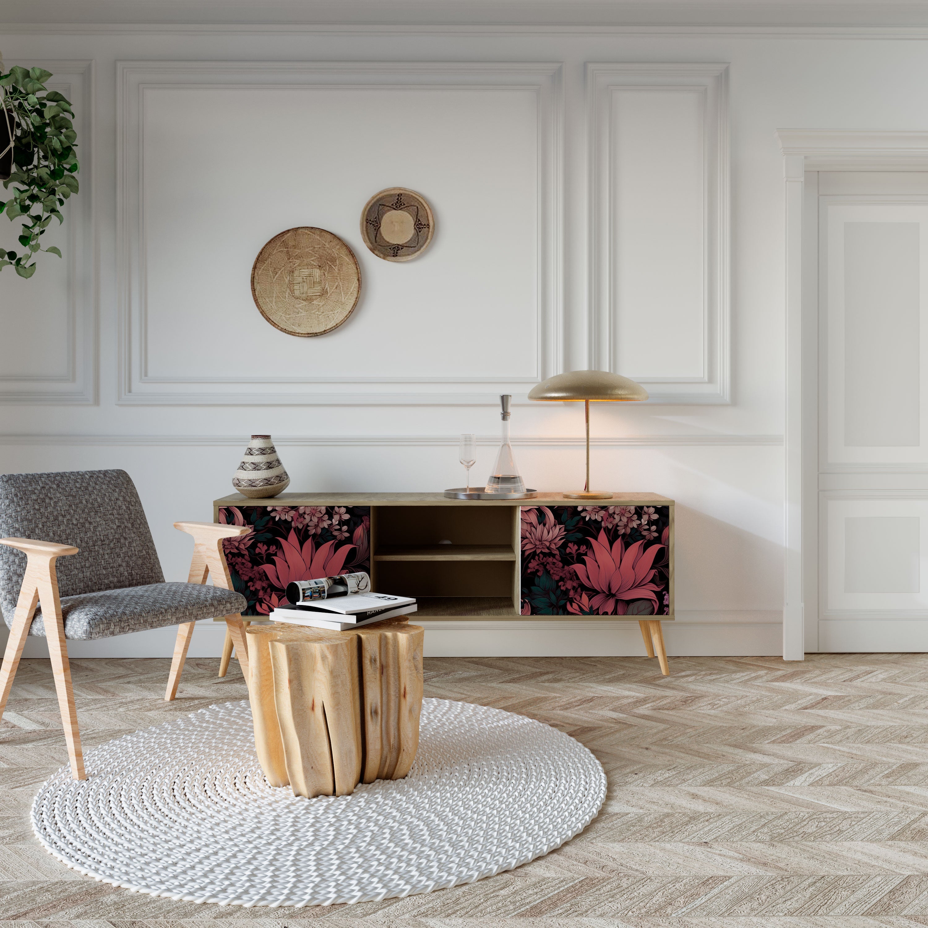 FLORAL WHISPER 2-Door TV Stand in Oak Effect