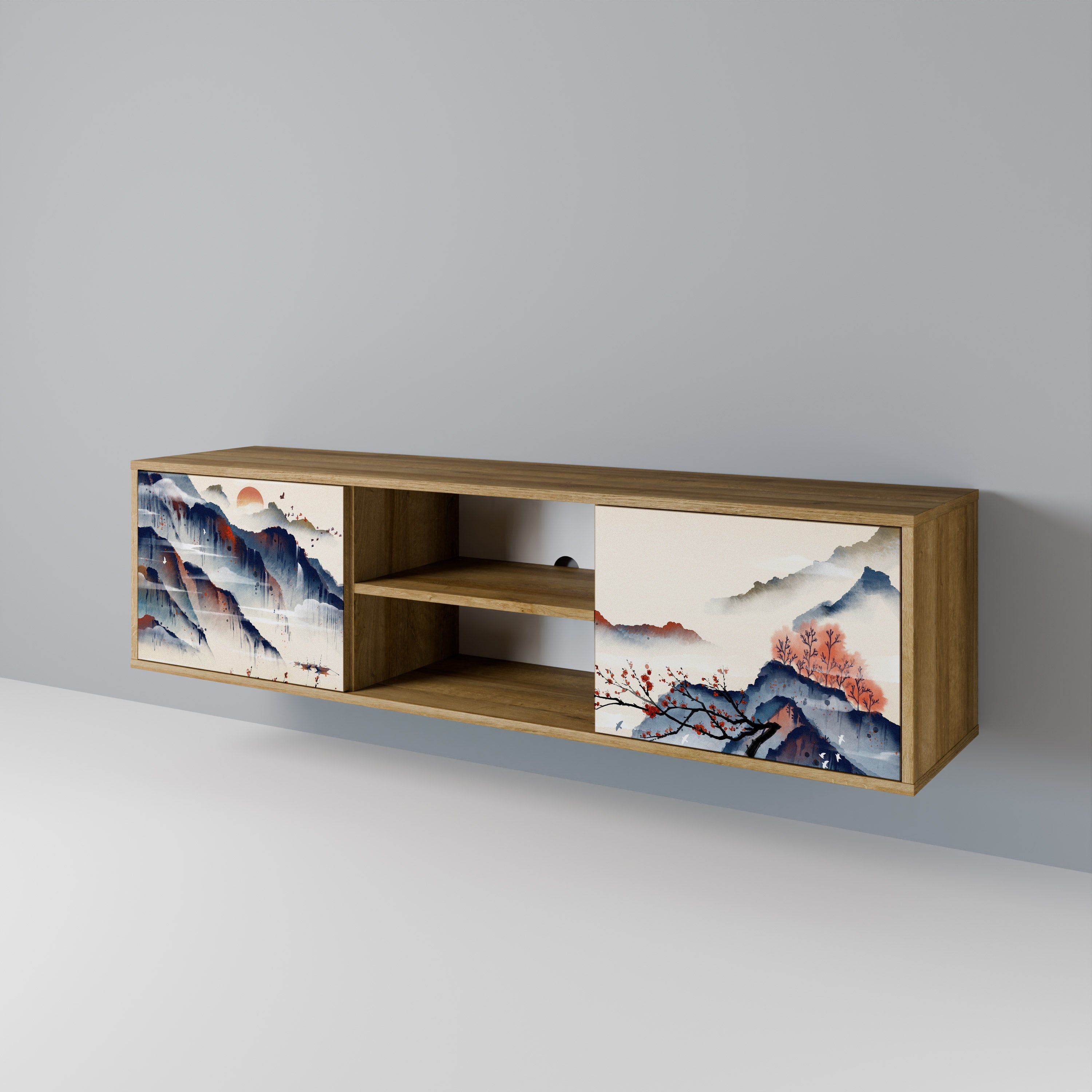 JAPANESE LANDSCAPE 2-Door TV Stand in Oak Effect