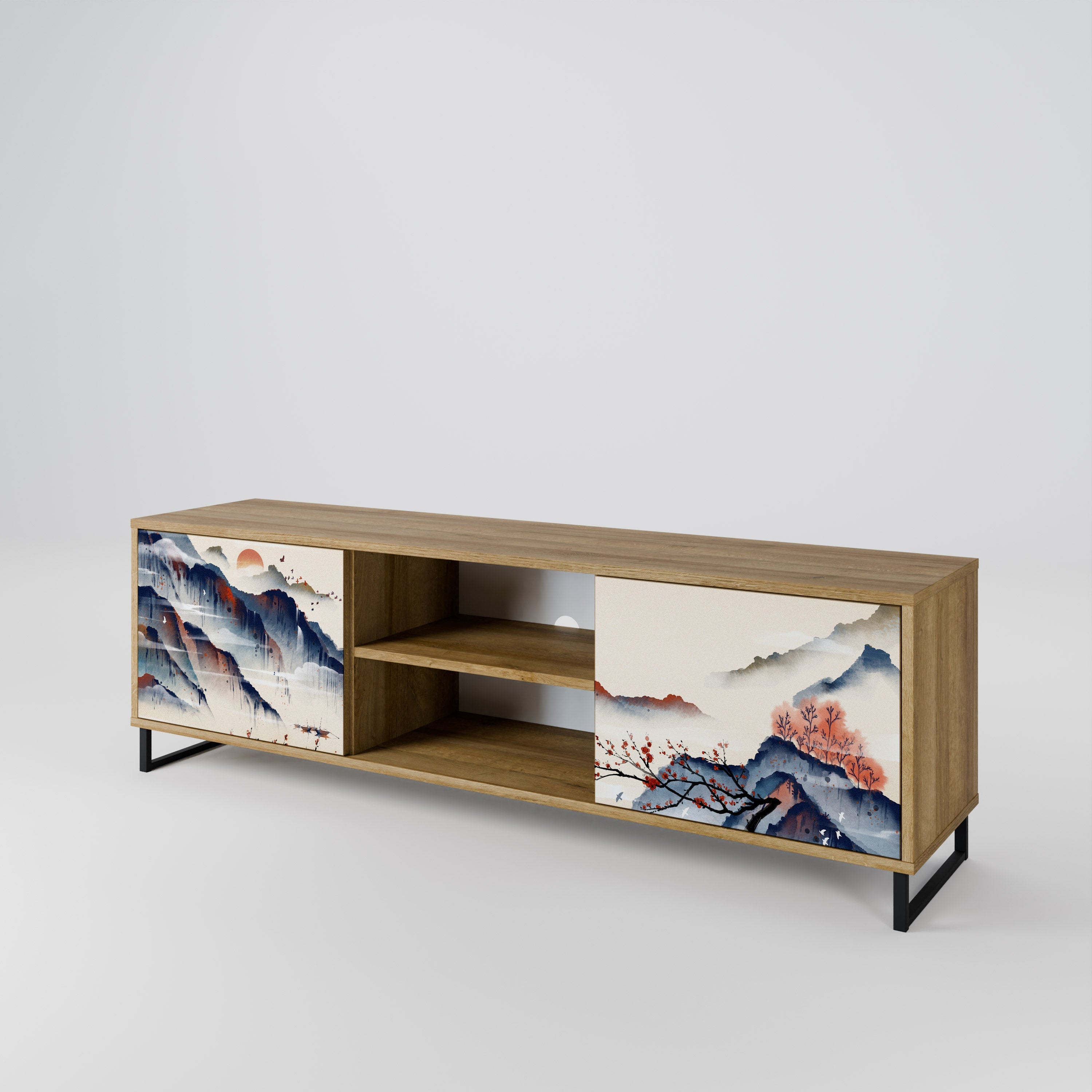 JAPANESE LANDSCAPE 2-Door TV Stand in Oak Effect