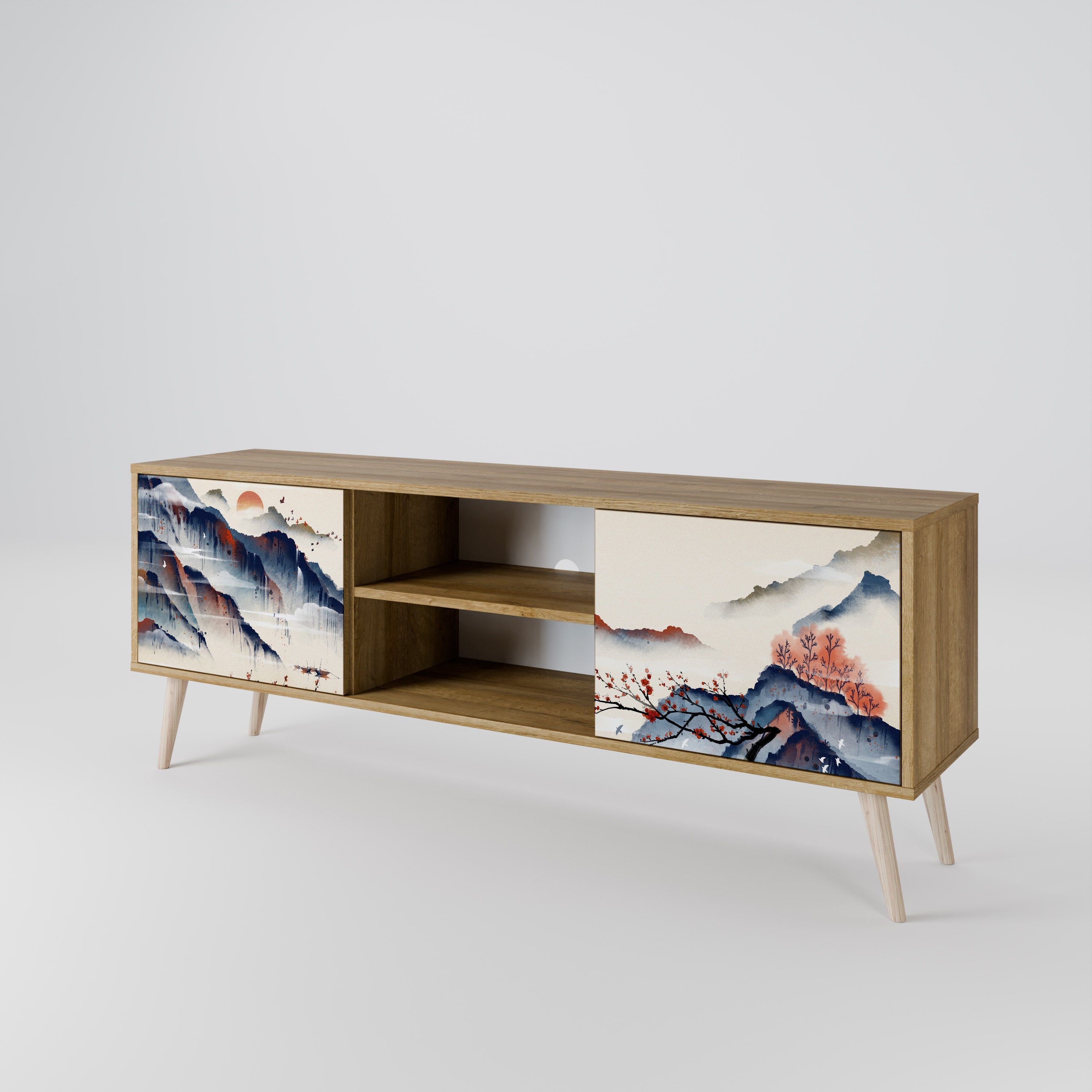 JAPANESE LANDSCAPE 2-Door TV Stand in Oak Effect