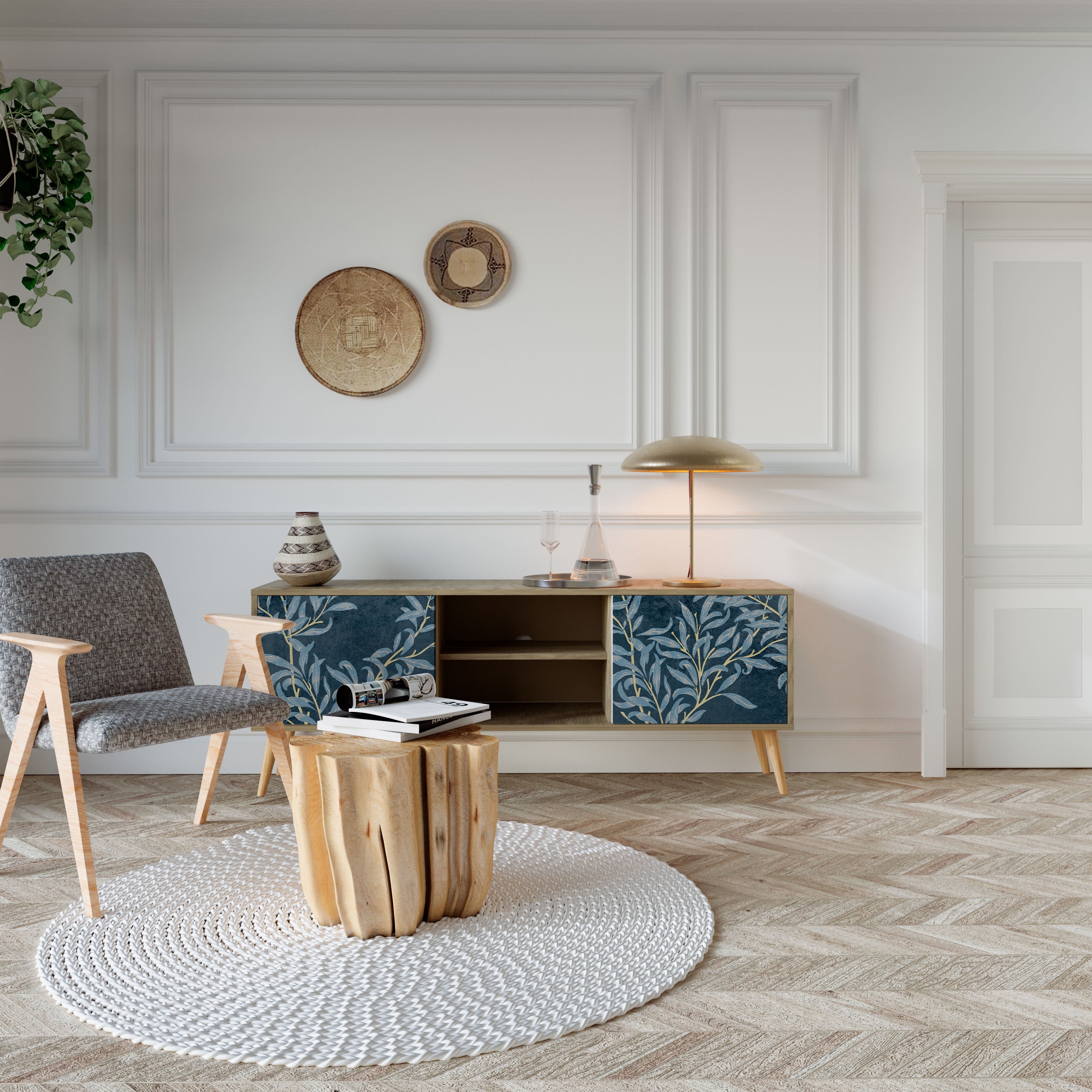 BLUE LEAVES Móvel de TV com 2 Portas em Efeito Carvalho