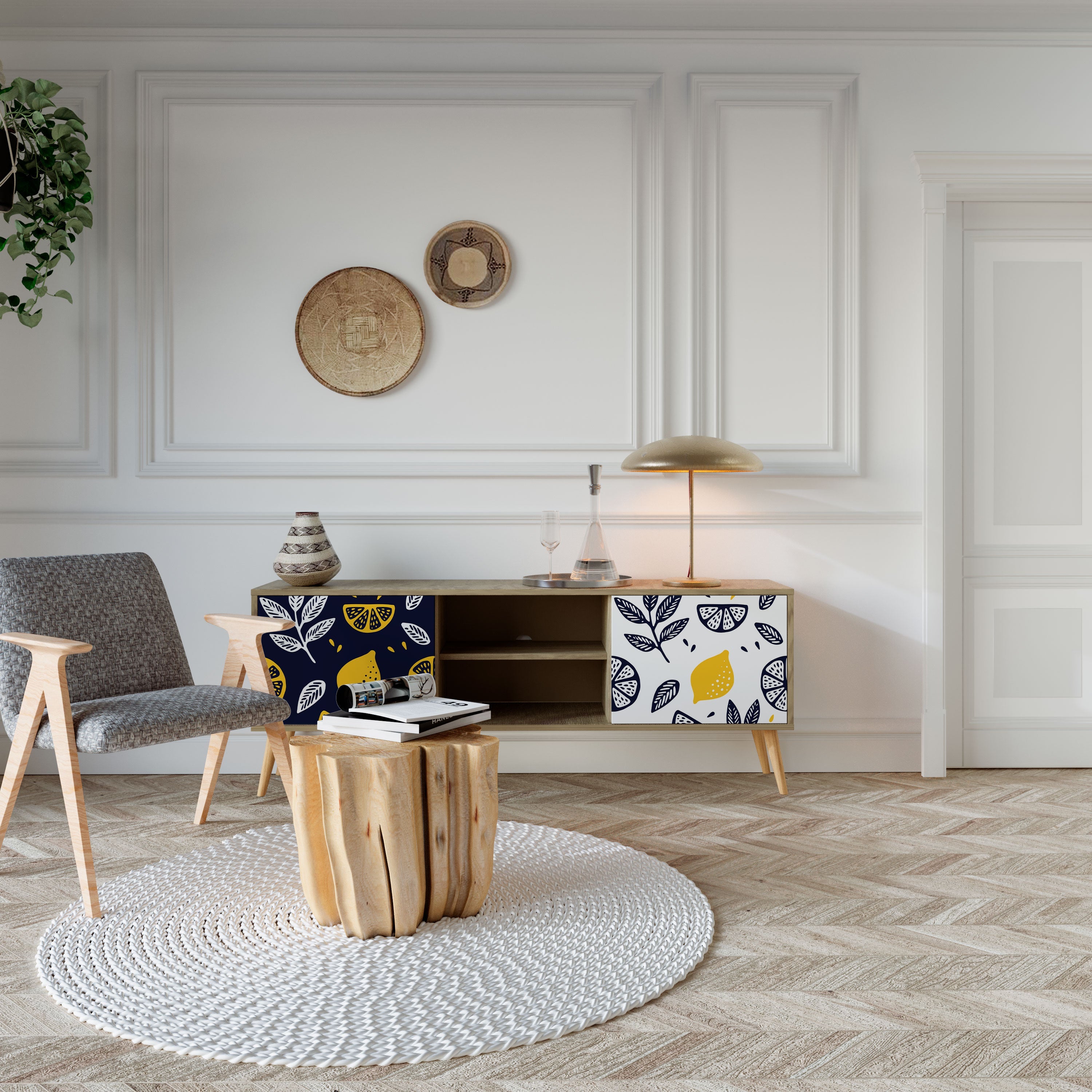 CITRUS BLACK AND WHITE Móvel de TV com 2 Portas em Efeito Carvalho