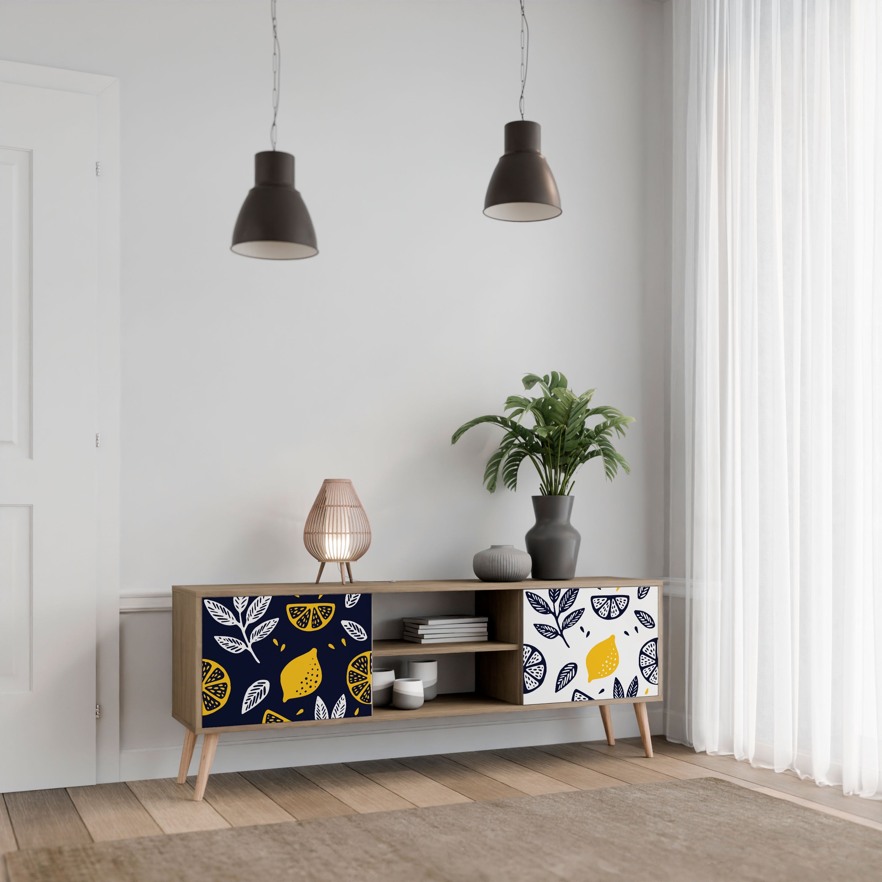 CITRUS BLACK AND WHITE Móvel de TV com 2 Portas em Efeito Carvalho