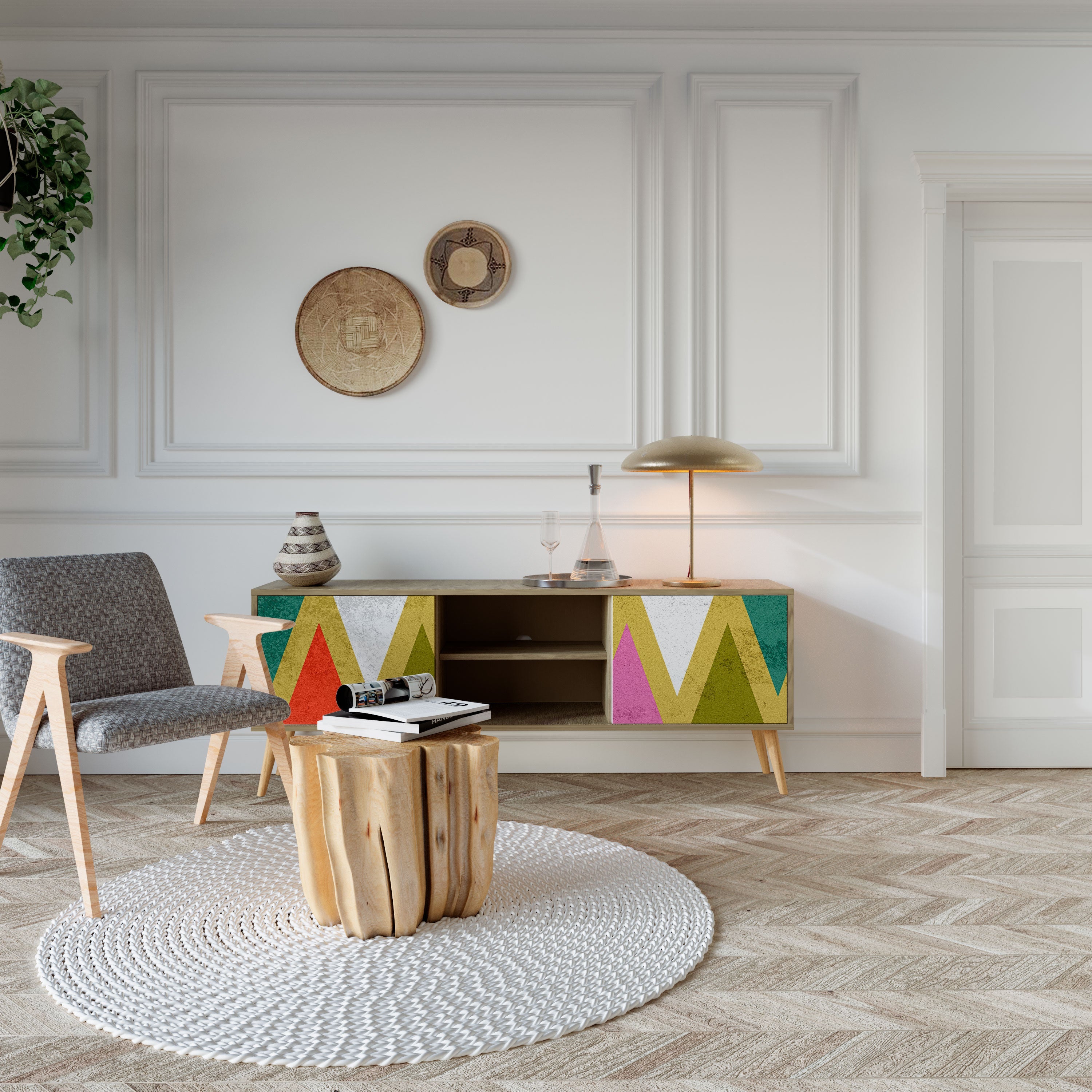 COLORFUL TRIANGLES Móvel de TV com 2 Portas em Efeito Carvalho