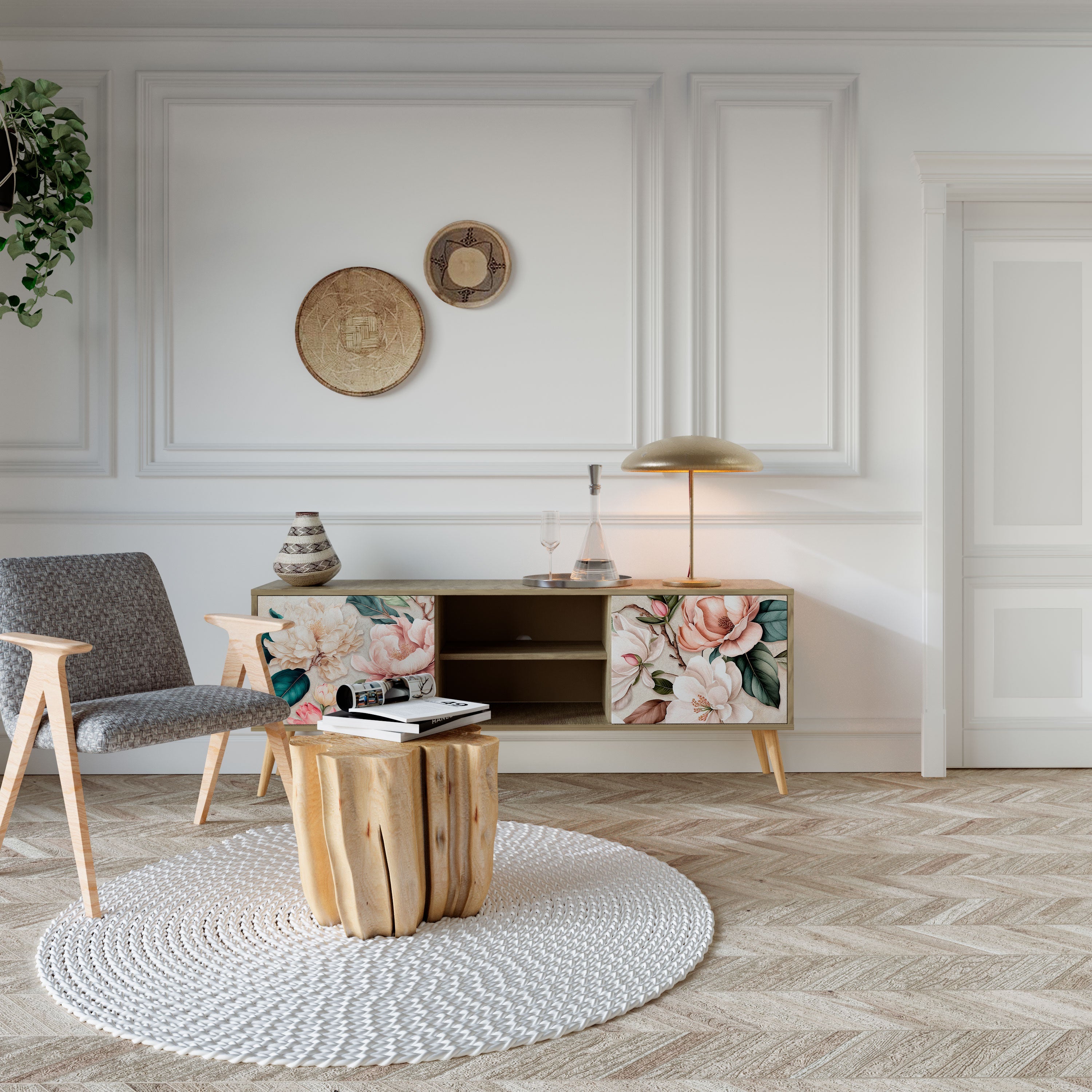 FLORAL GRACE Móvel de TV com 2 Portas em Efeito Carvalho