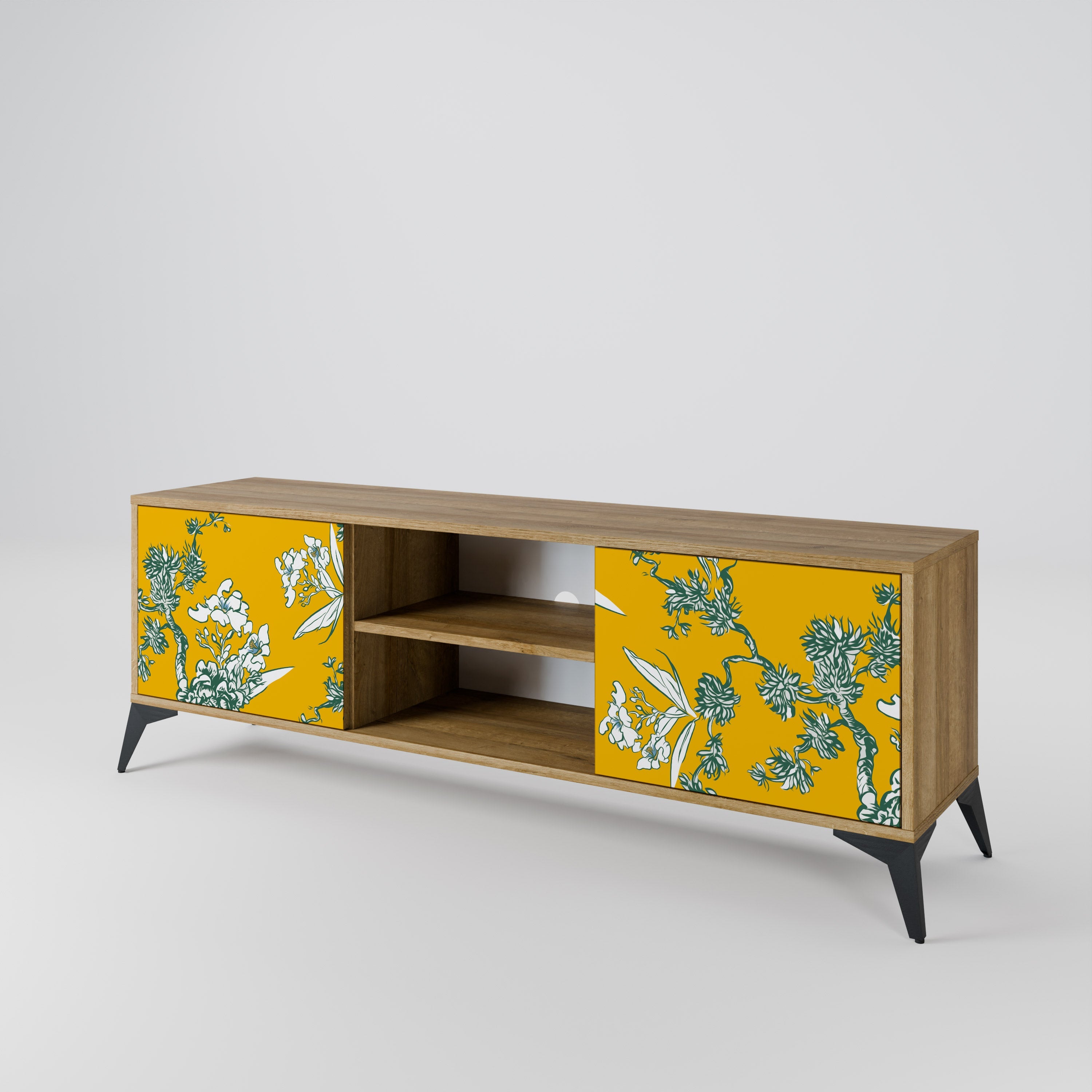 YELLOW CHINOISERIE 2-Door TV Stand in Oak Effect