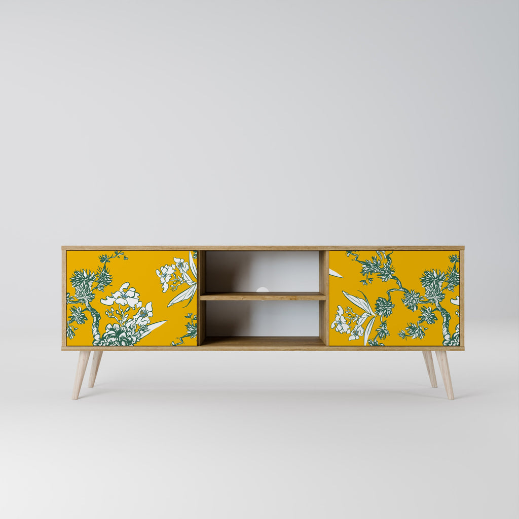YELLOW CHINOISERIE 2-Door TV Stand in Oak Effect