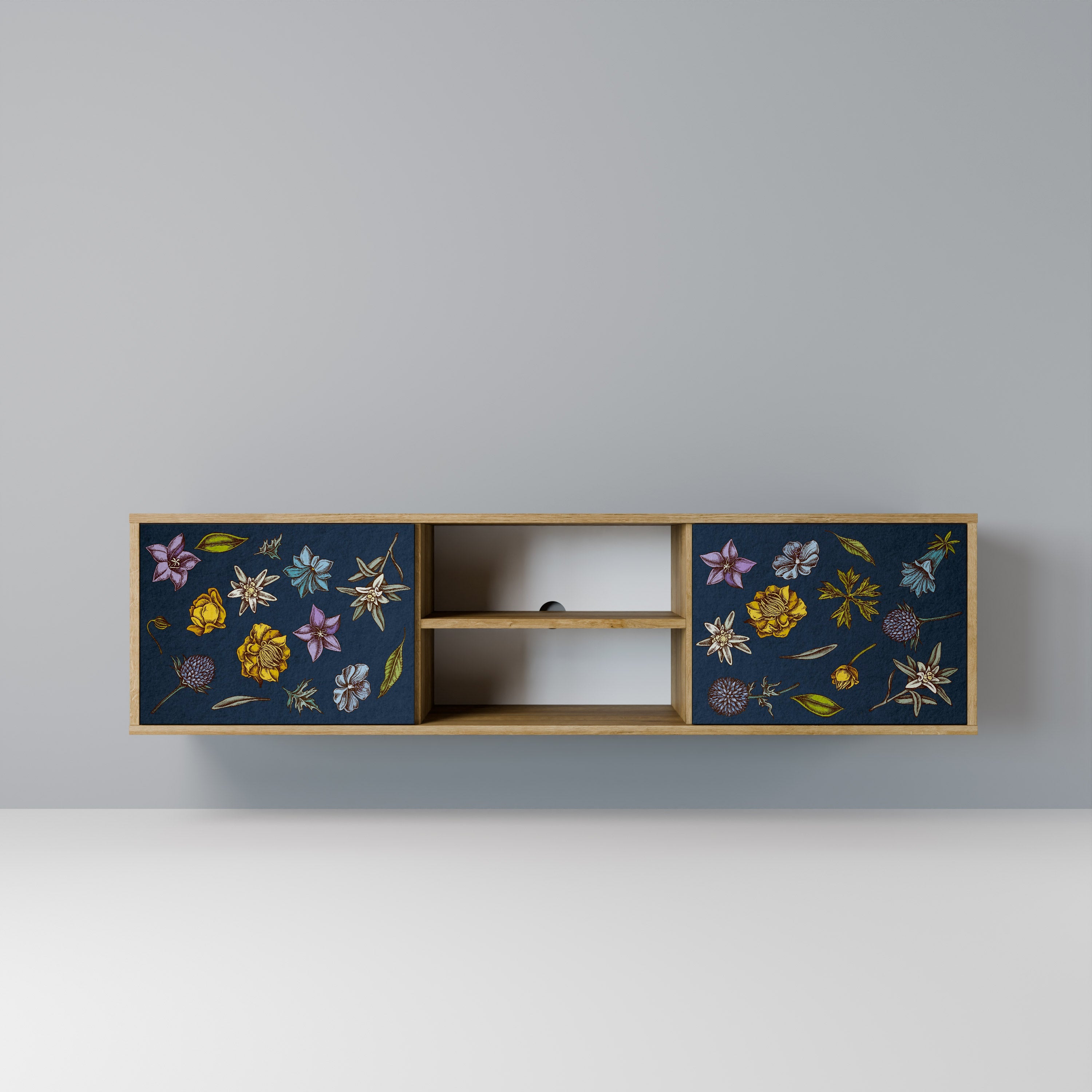 FLOWERS ON NAVY BLUE Móvel de TV com 2 Portas em Efeito Carvalho