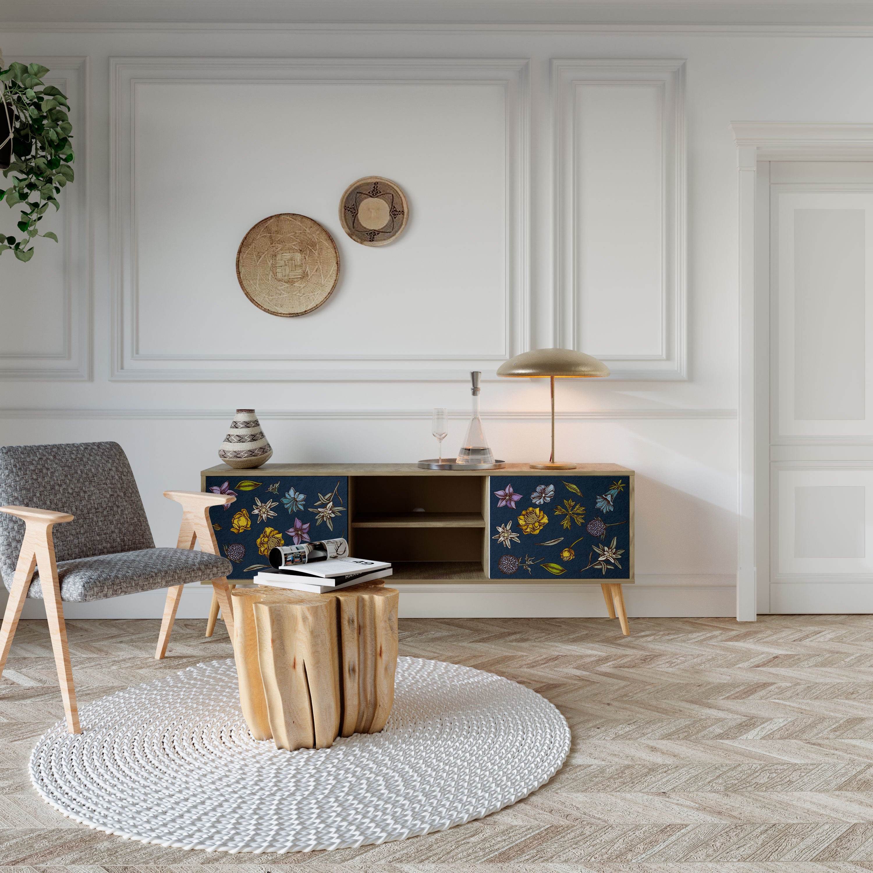 FLOWERS ON NAVY BLUE Móvel de TV com 2 Portas em Efeito Carvalho