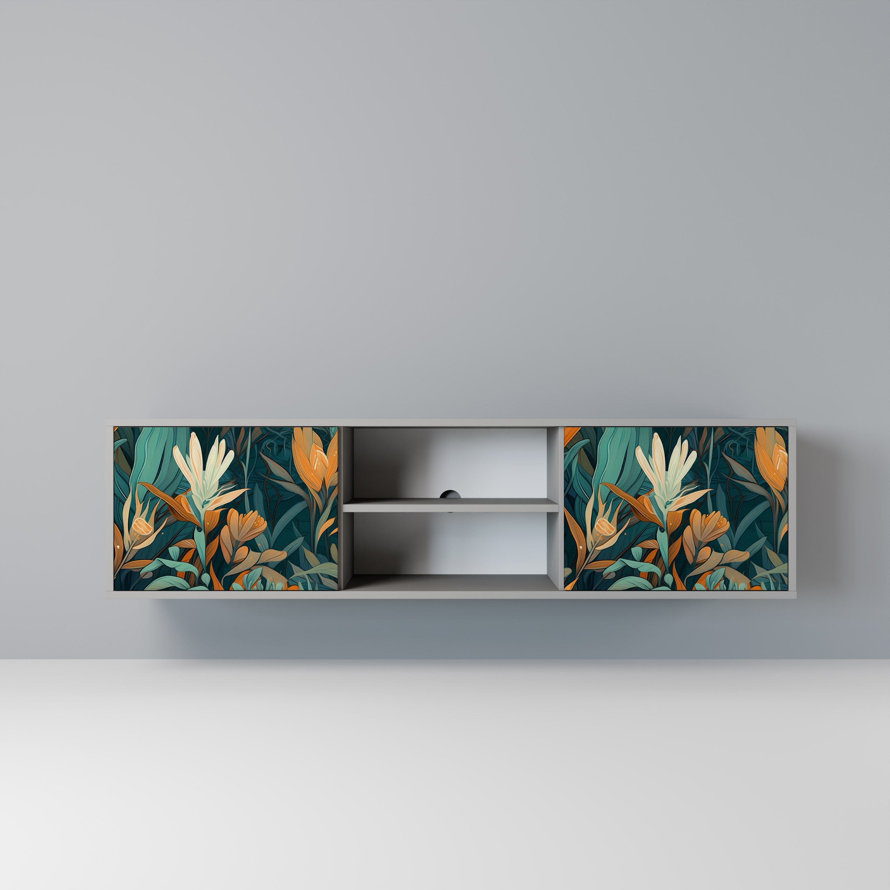 FLORAL SERENITY Móvel de TV com 2 Portas em Acabamento Cinzento