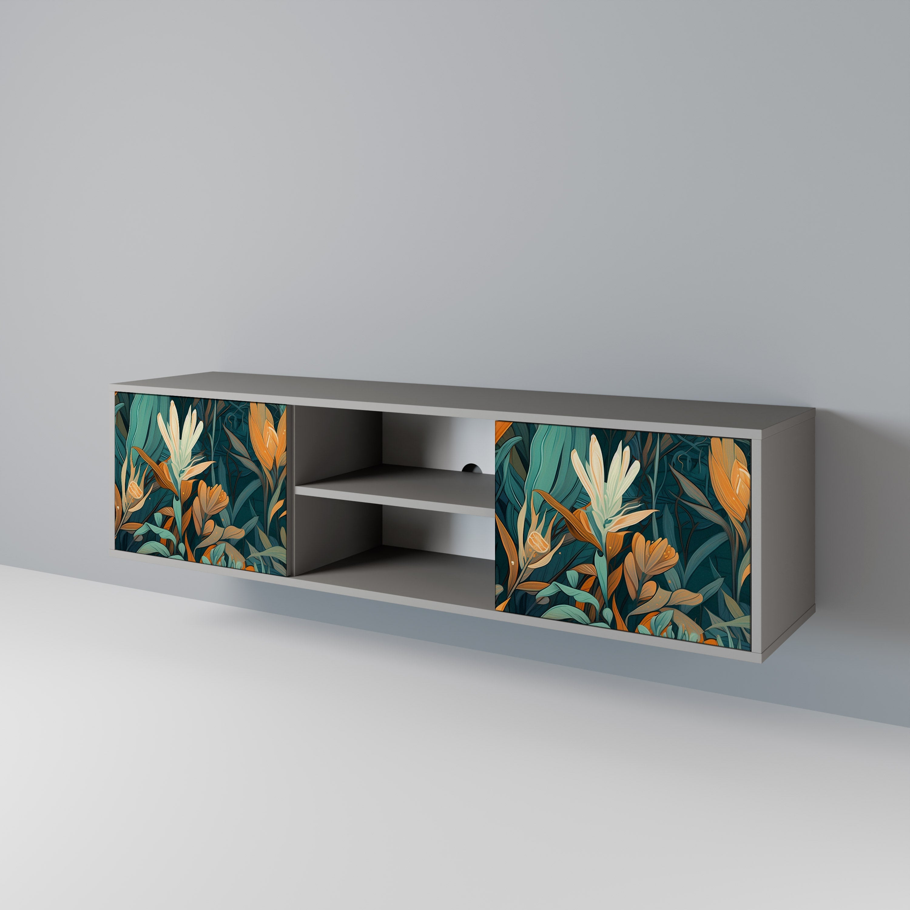 FLORAL SERENITY Móvel de TV com 2 Portas em Acabamento Cinzento