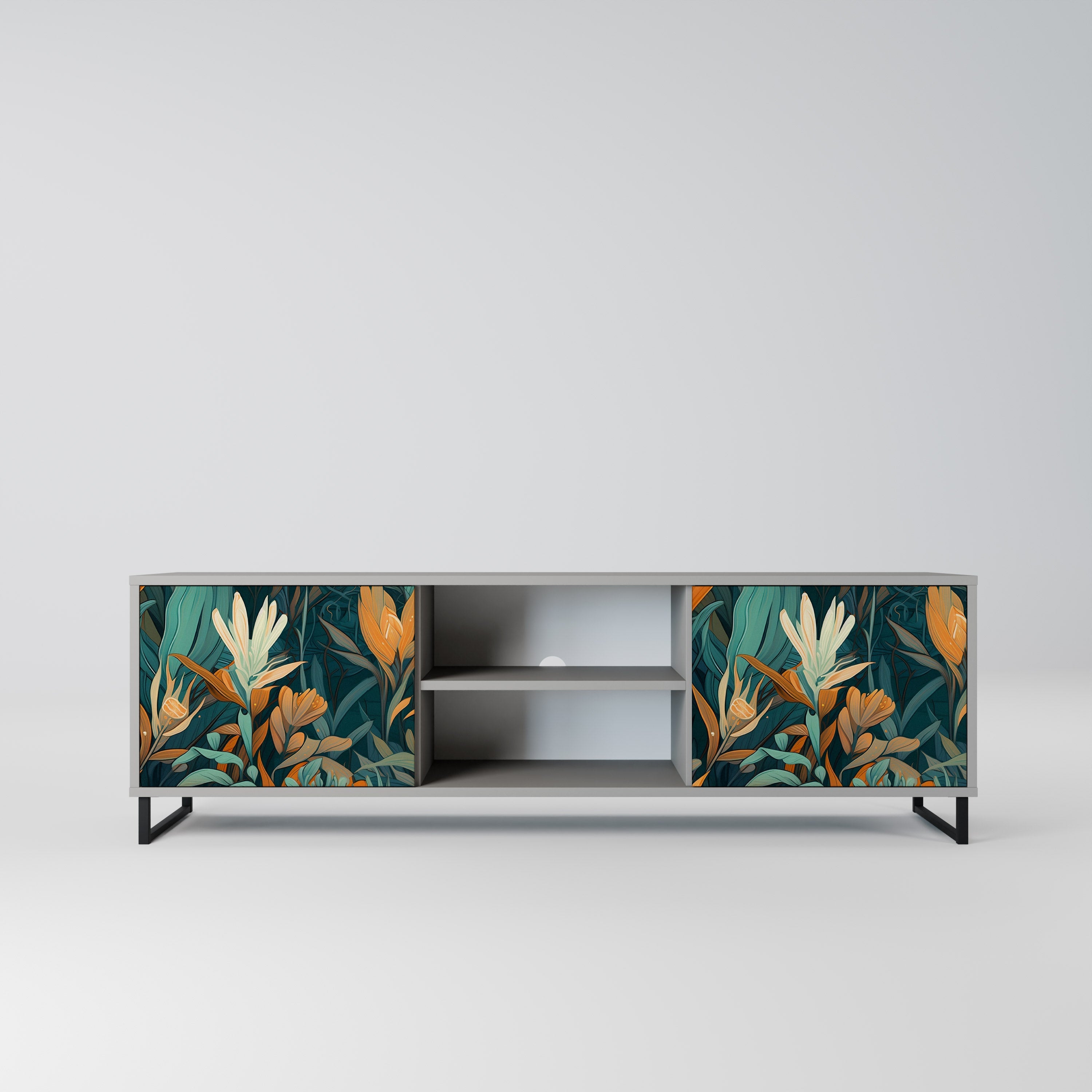 FLORAL SERENITY Móvel de TV com 2 Portas em Acabamento Cinzento