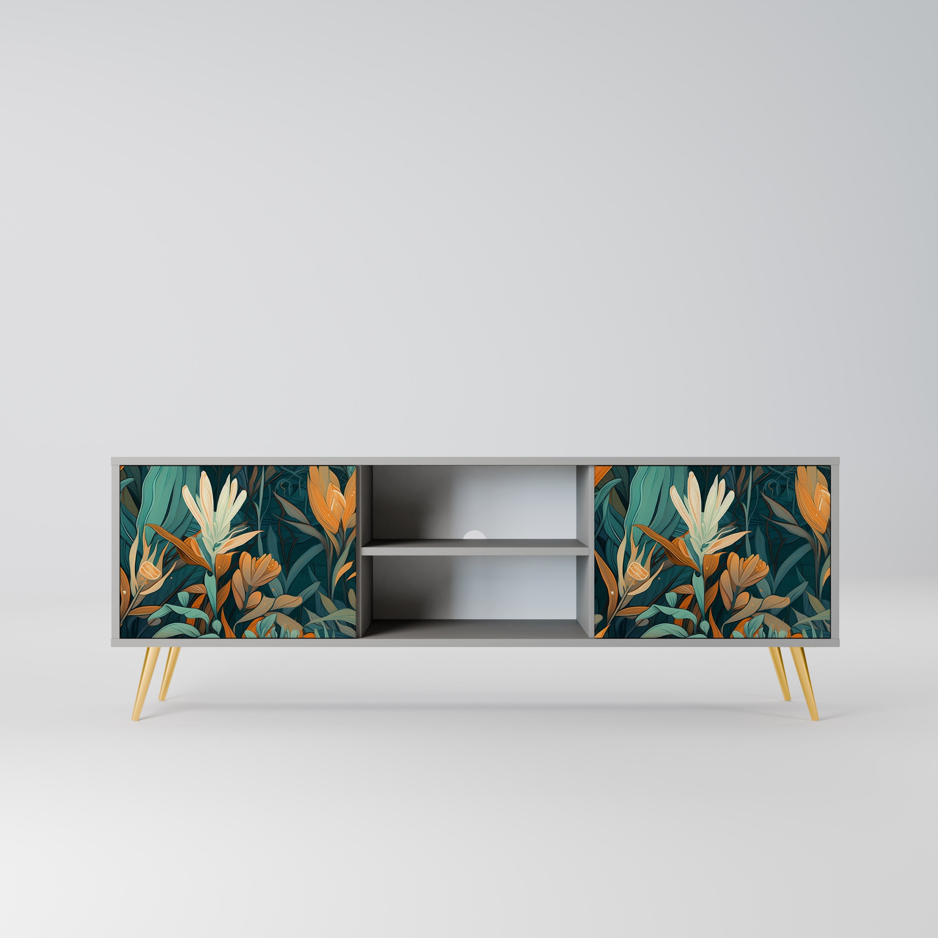 FLORAL SERENITY Móvel de TV com 2 Portas em Acabamento Cinzento