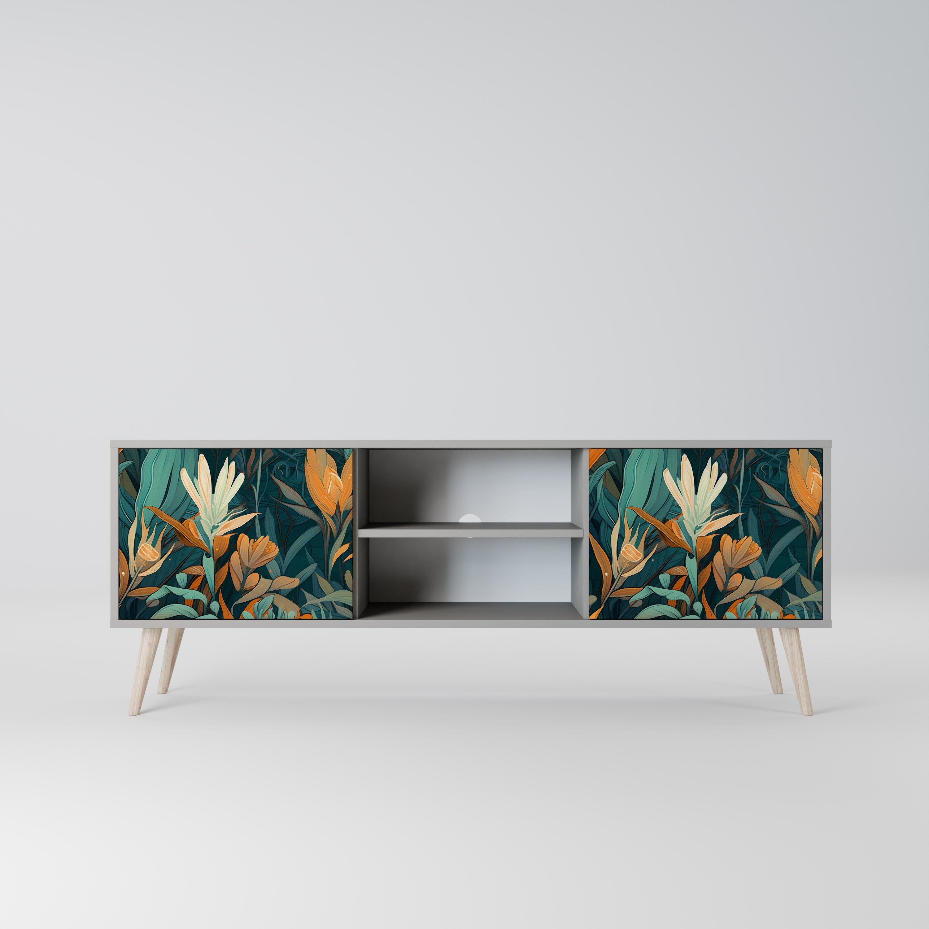 FLORAL SERENITY Móvel de TV com 2 Portas em Acabamento Cinzento
