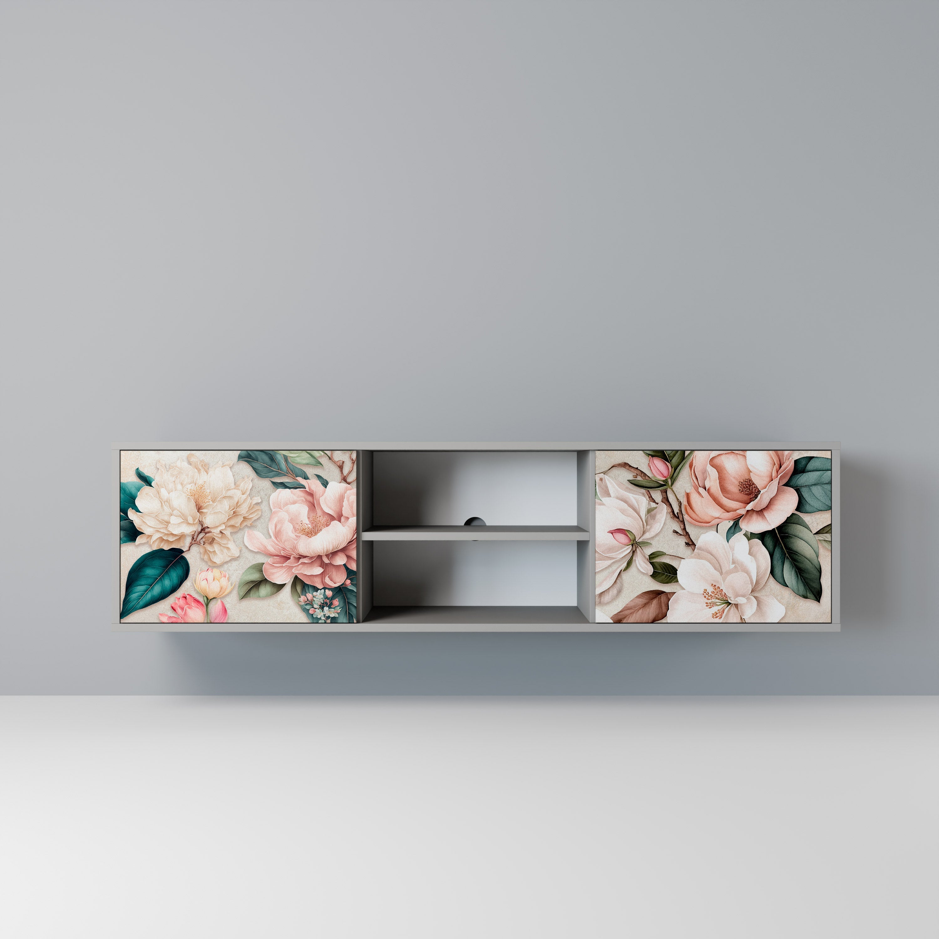 FLORAL GRACE Móvel de TV com 2 Portas em Acabamento Cinzento