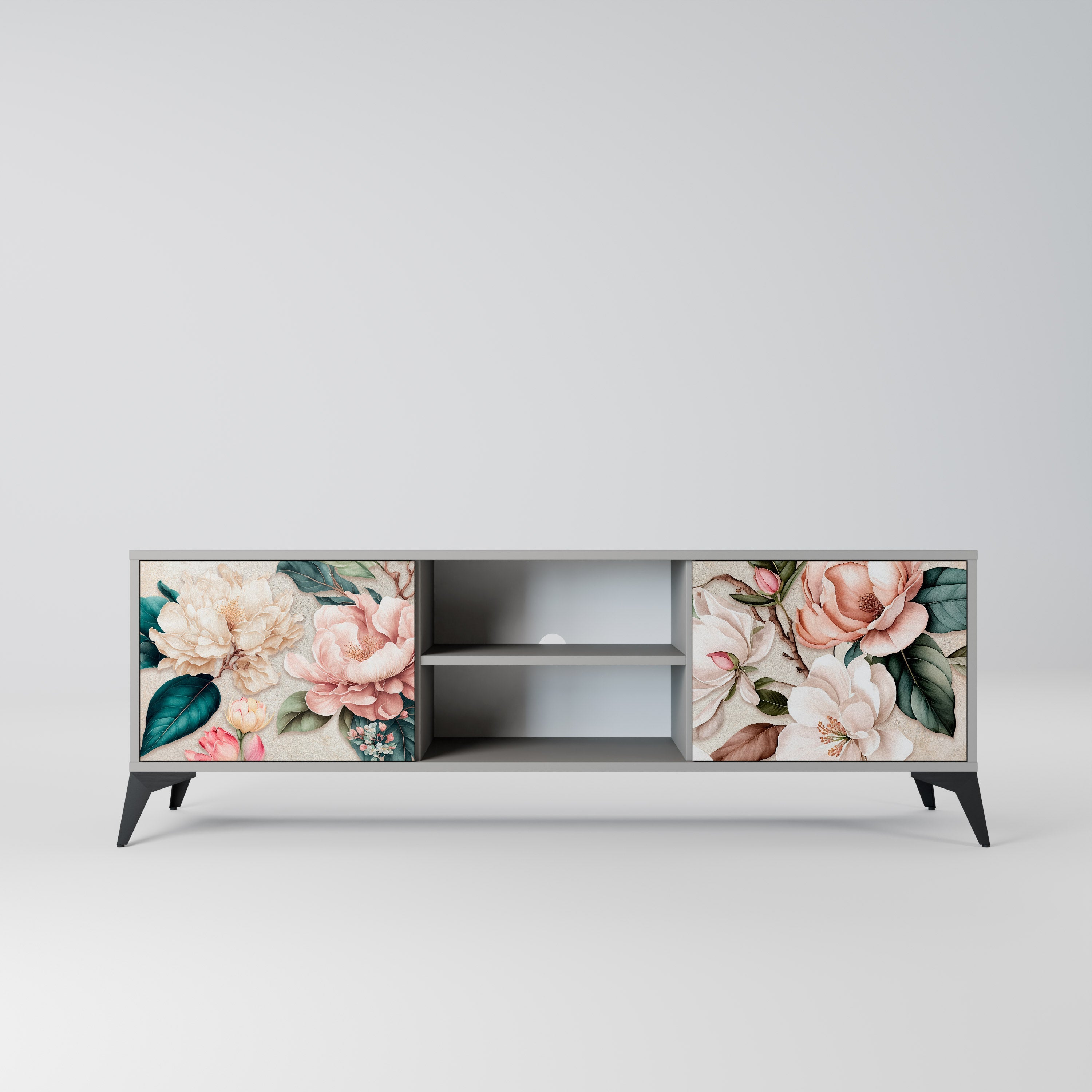 FLORAL GRACE Móvel de TV com 2 Portas em Acabamento Cinzento