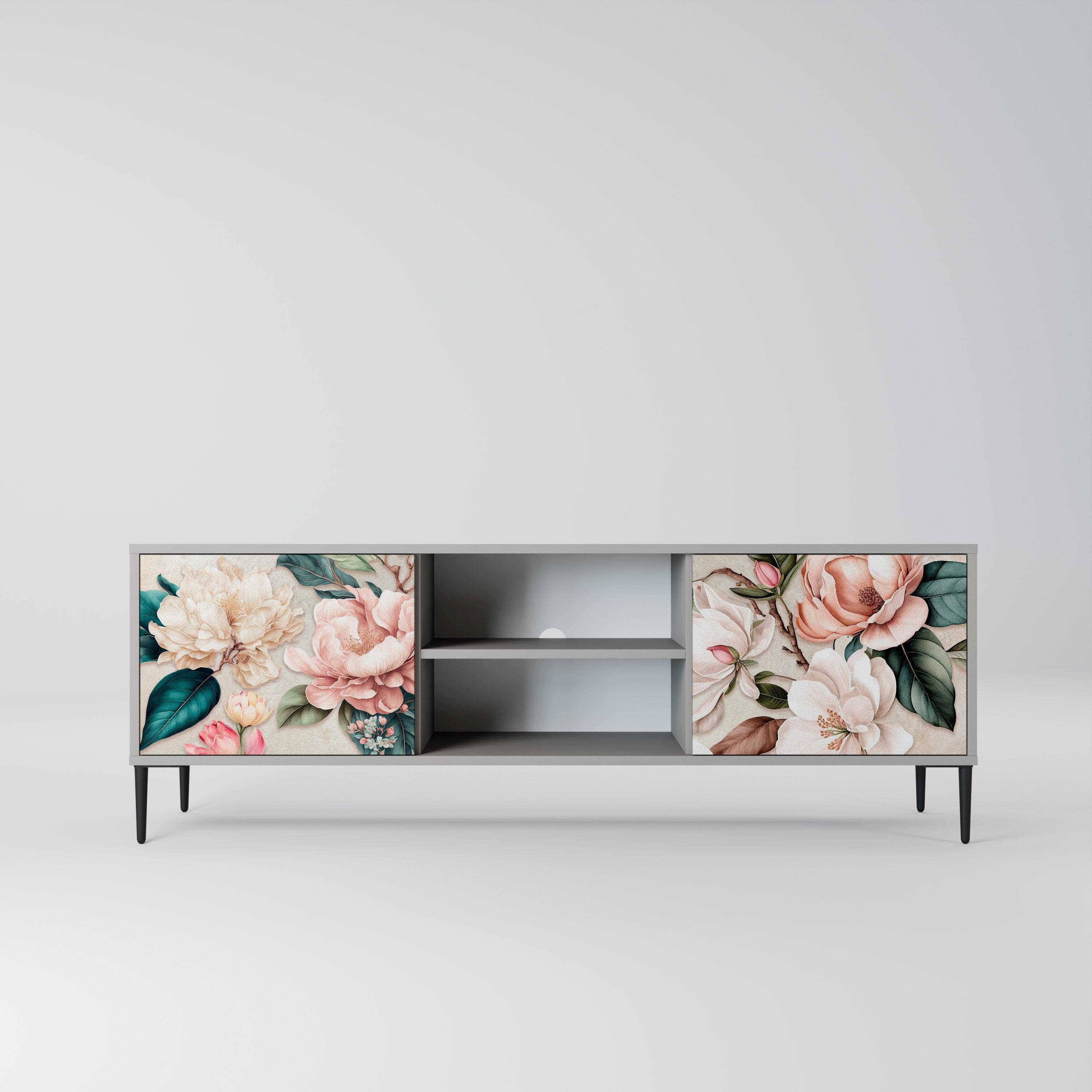 FLORAL GRACE Móvel de TV com 2 Portas em Acabamento Cinzento