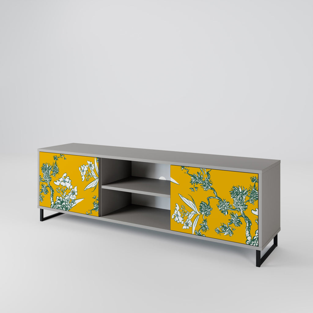 YELLOW CHINOISERIE 2-Door TV Stand in Grey Finish