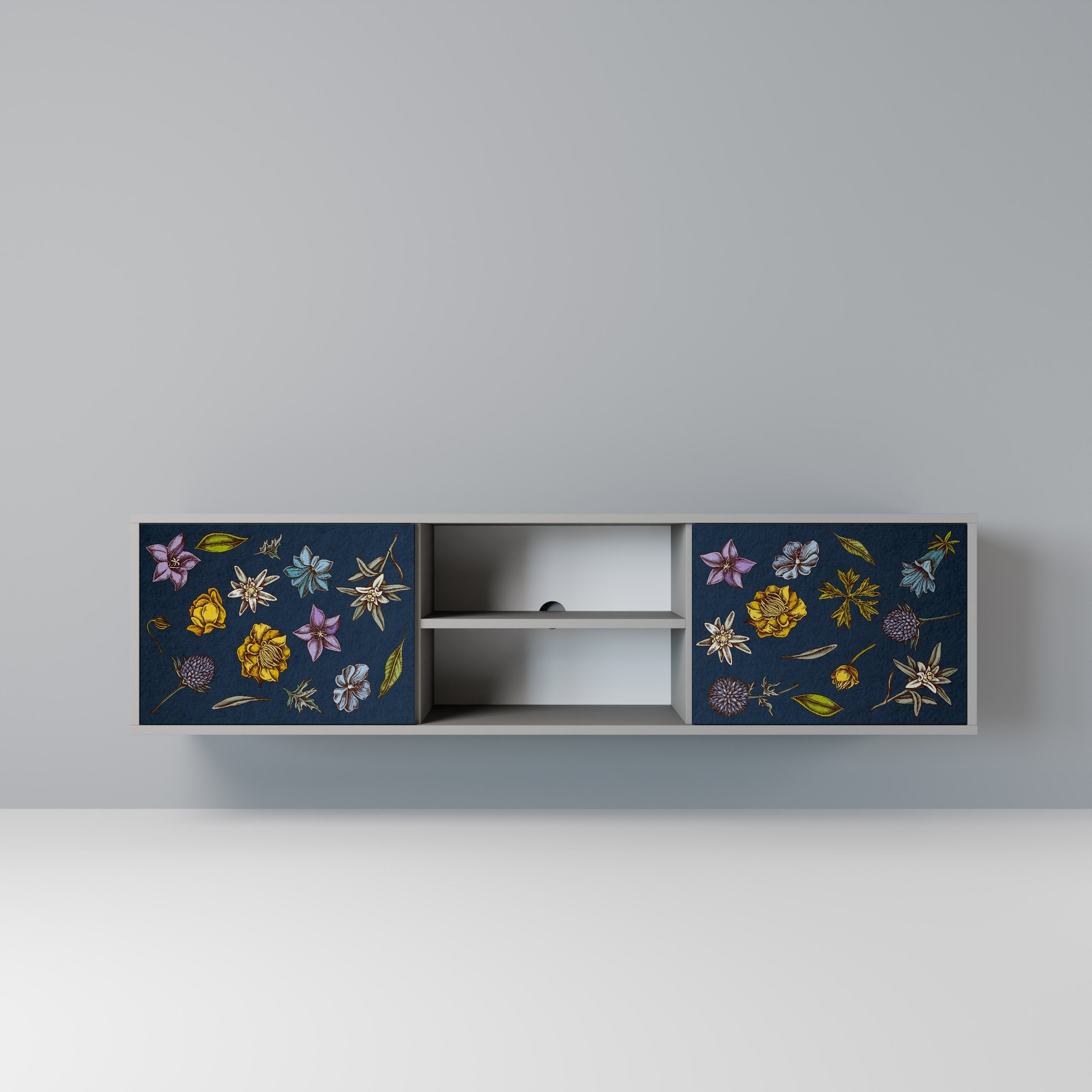 FLOWERS ON NAVY BLUE Móvel de TV com 2 Portas em Acabamento Cinzento