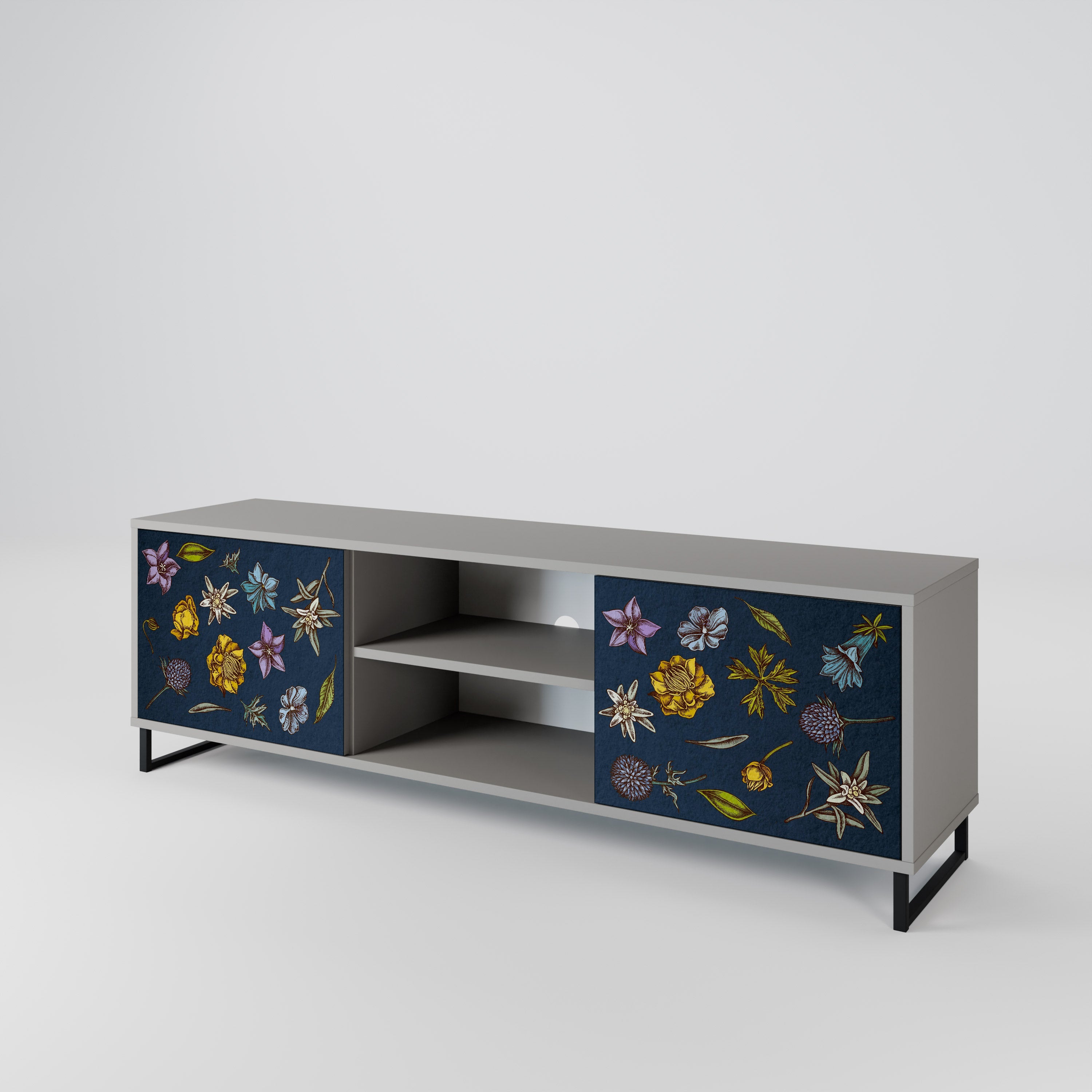 FLOWERS ON NAVY BLUE Móvel de TV com 2 Portas em Acabamento Cinzento