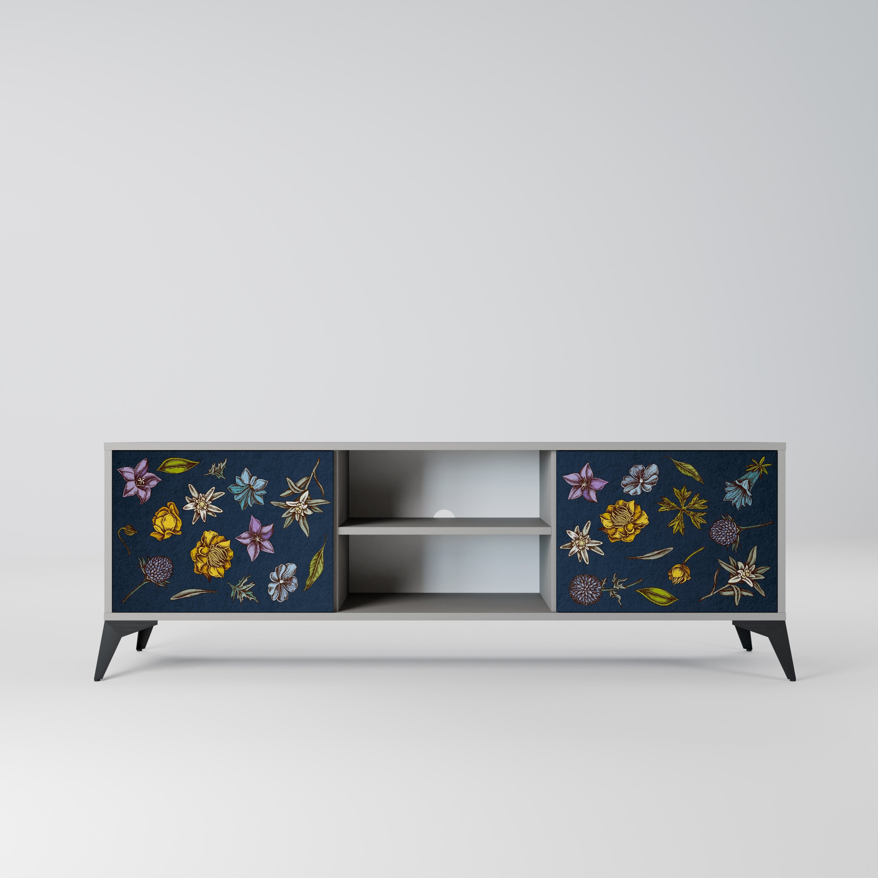 FLOWERS ON NAVY BLUE Móvel de TV com 2 Portas em Acabamento Cinzento