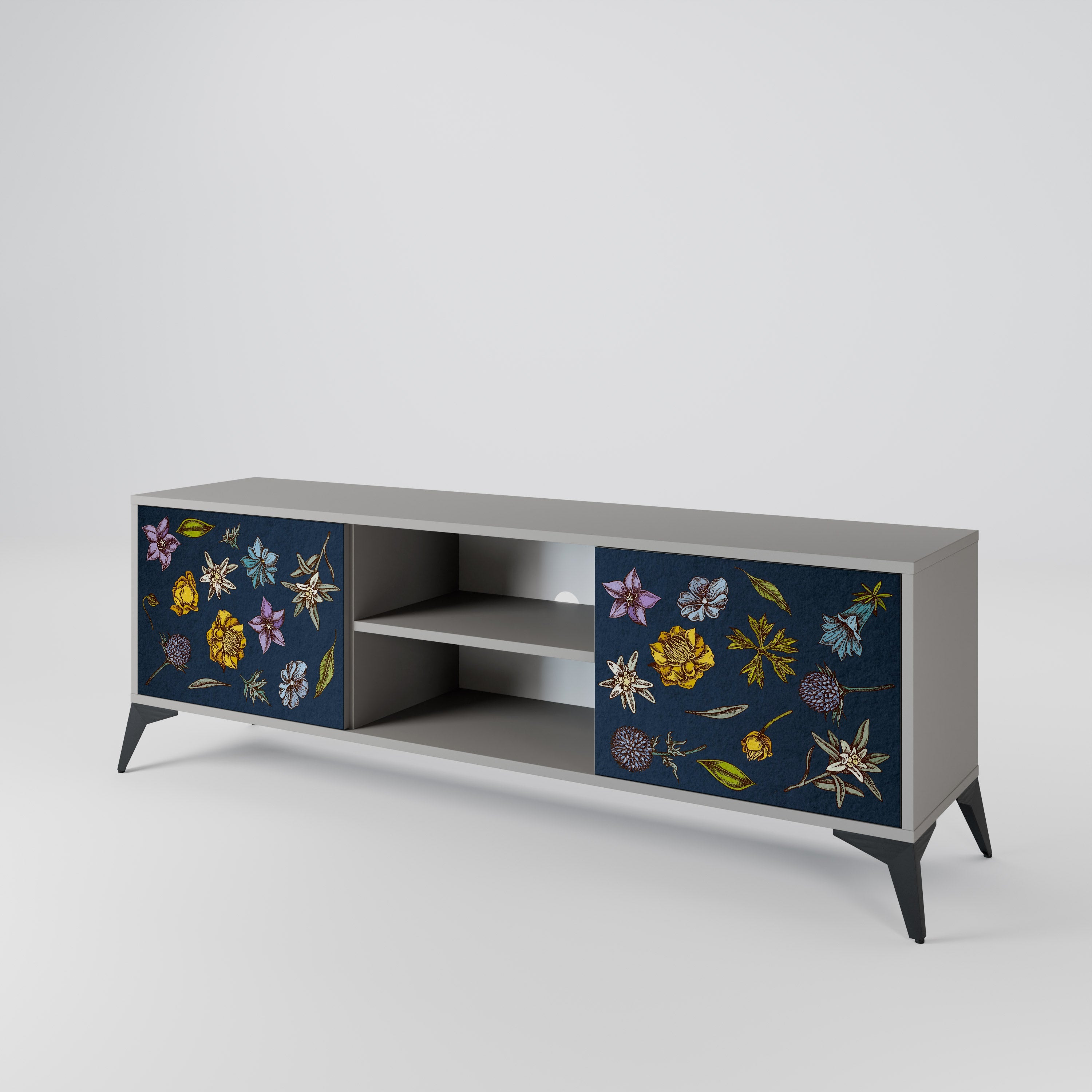 FLOWERS ON NAVY BLUE Móvel de TV com 2 Portas em Acabamento Cinzento