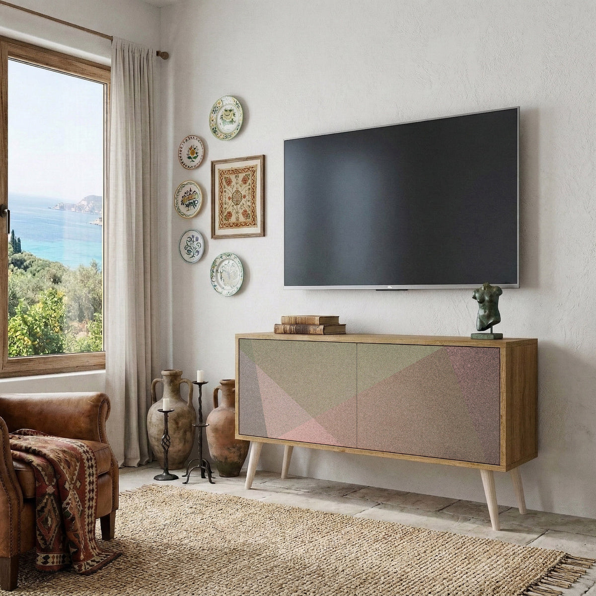 BEIGE GEOMETRY Móvel de TV Compacto de 2 Portas