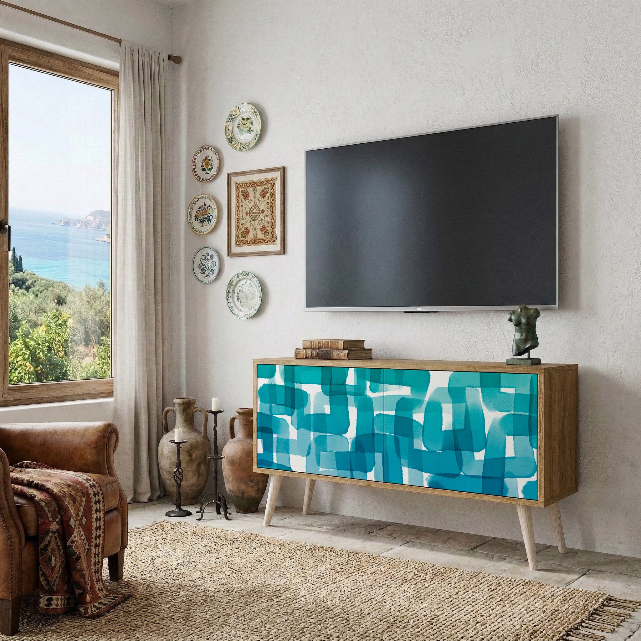 TURQUOISE RECTANGLES Compact 2-Door TV Cabinet