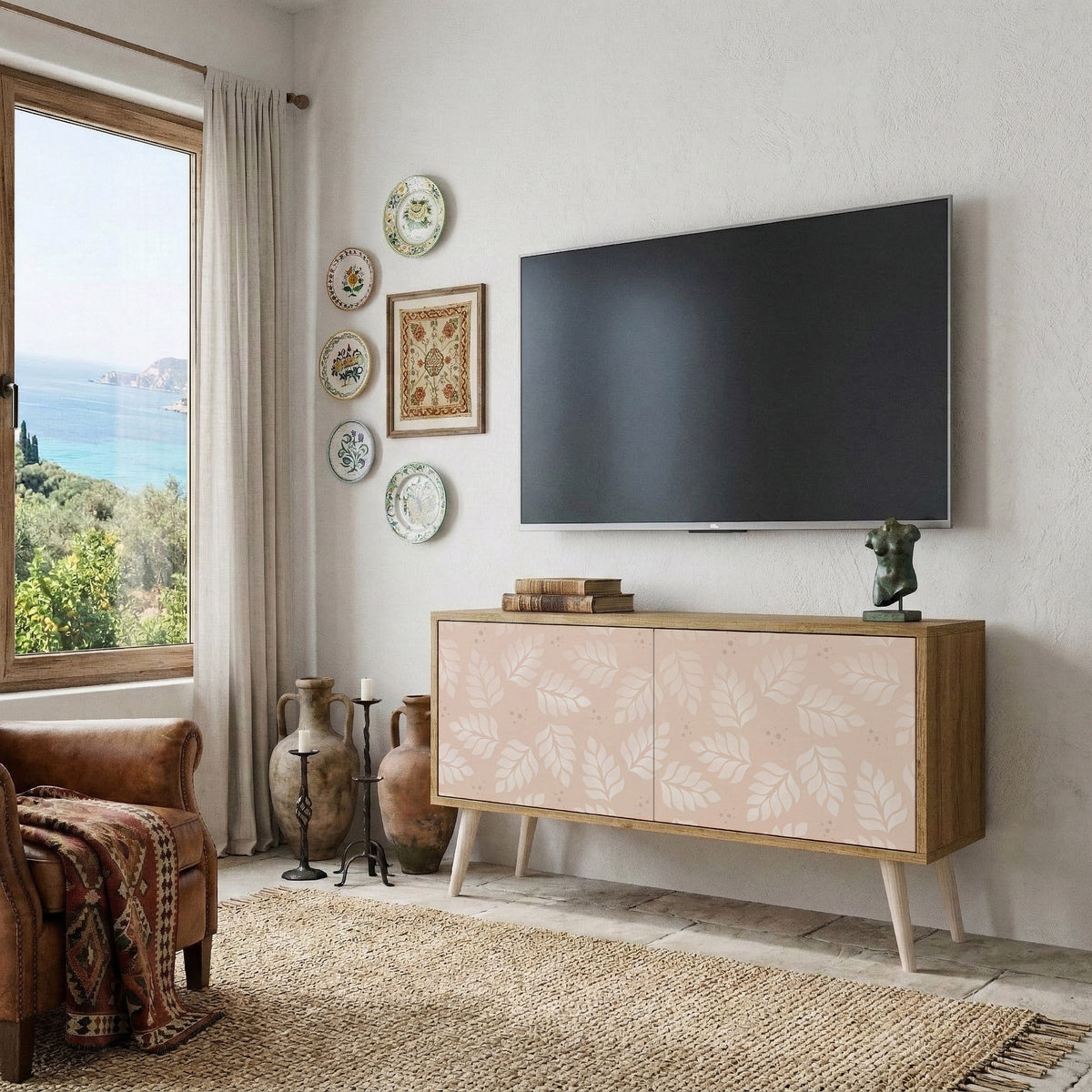 LEAVES ON BEIGE Compact 2-Door TV Cabinet