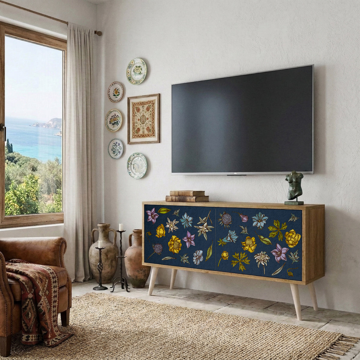 FLOWERS ON NAVY BLUE Móvel de TV Compacto de 2 Portas