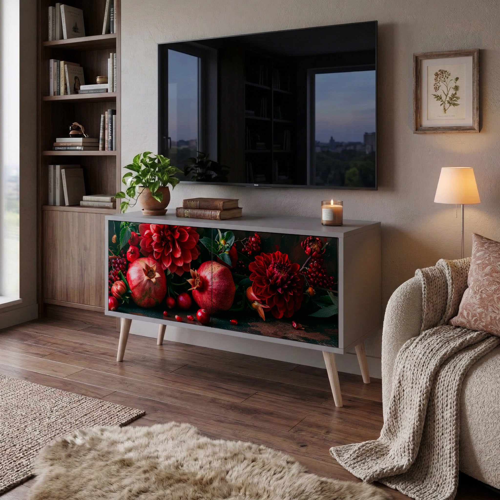 DAHLIAS AND POMEGRANATES Compact 2-Door TV Cabinet