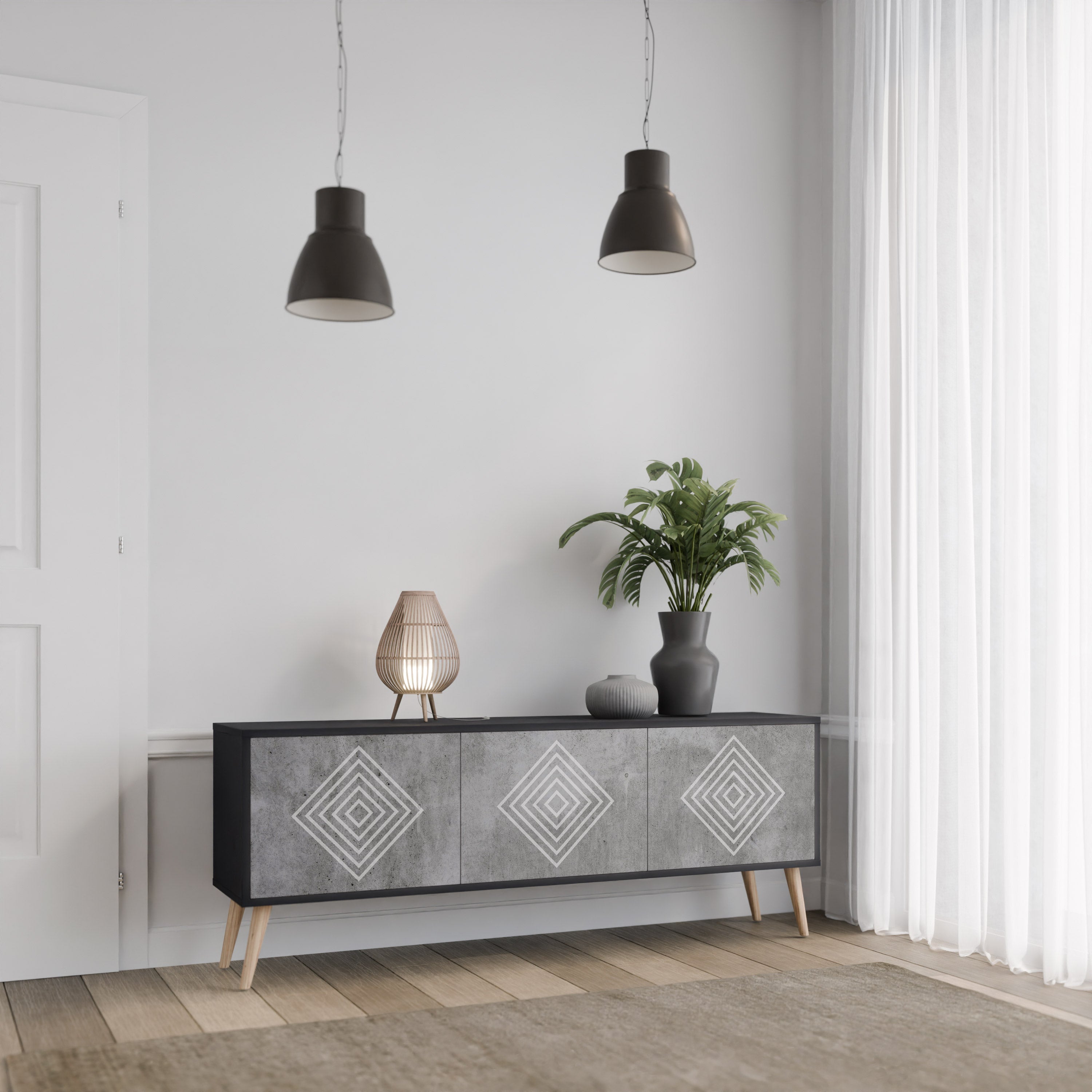 POLYGONAL ARTISTRY 3-Door TV Stand in Black Finish