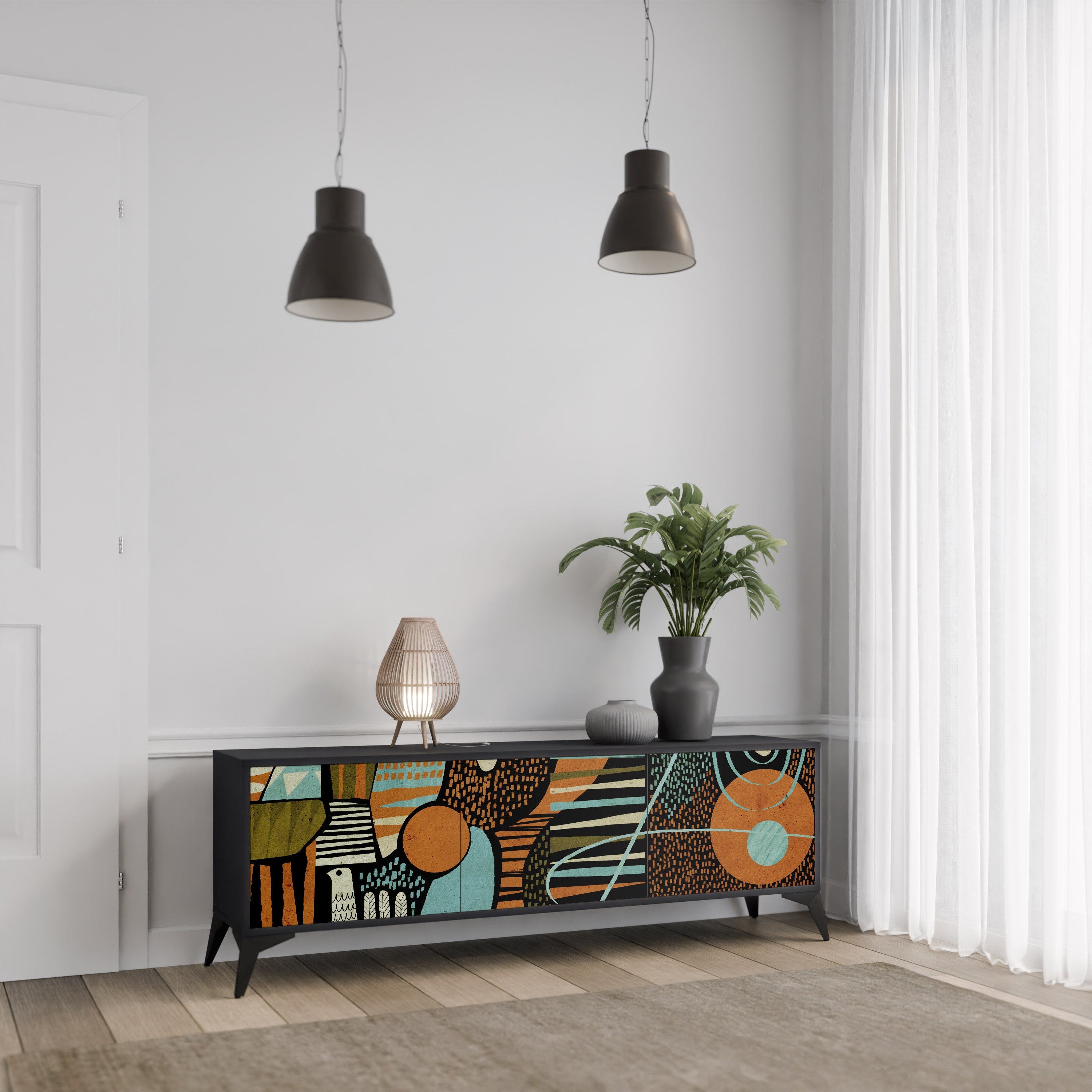 GEODE GLIMMER Móvel de TV com 3 Portas em Acabamento Preto