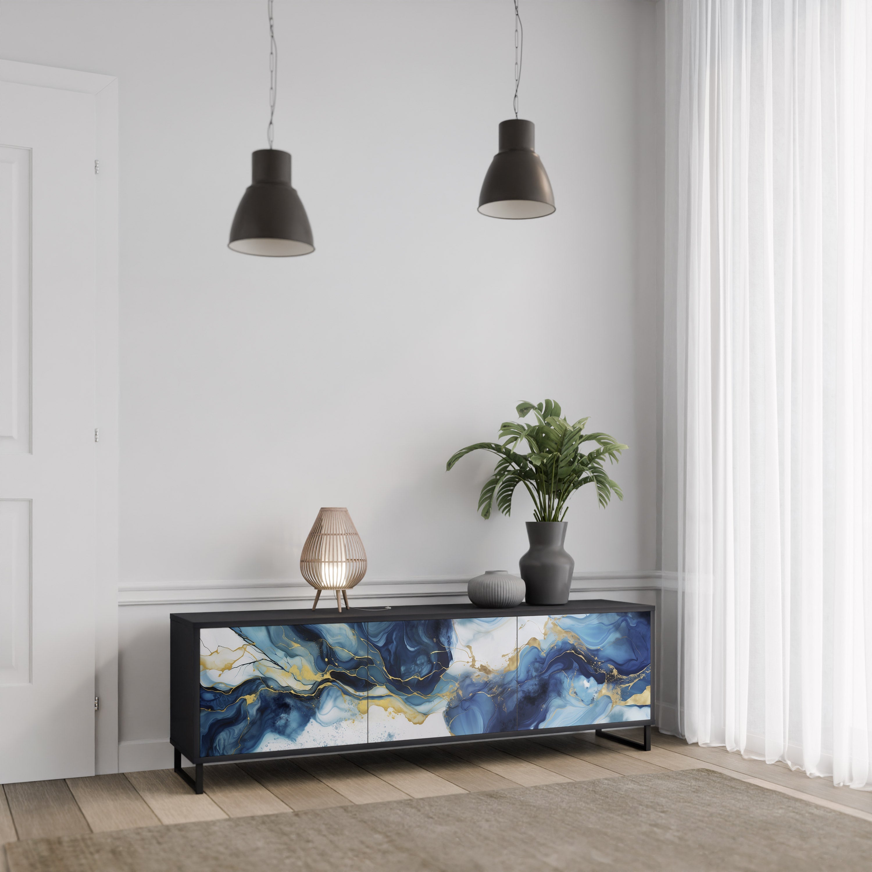 INKY MARBLE 3-Door TV Stand in Black Finish