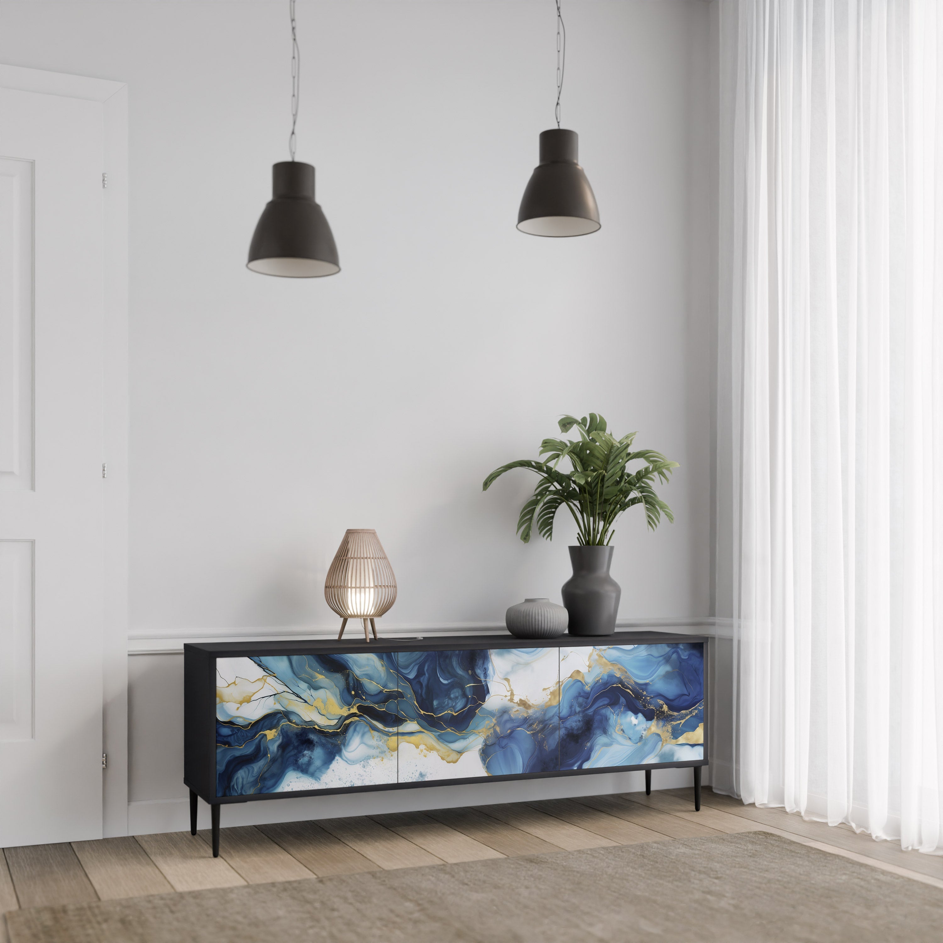 INKY MARBLE Móvel de TV com 3 Portas em Acabamento Preto