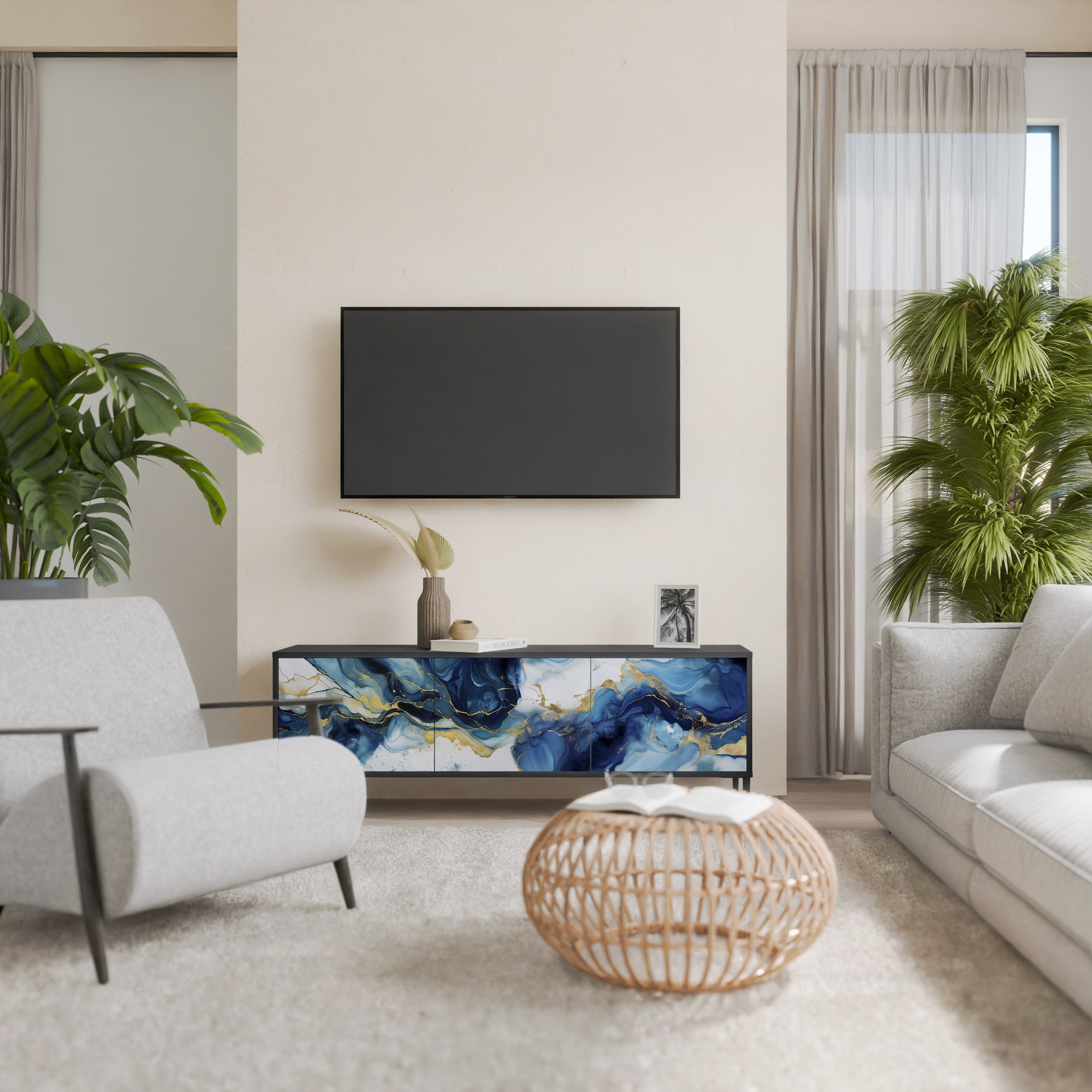 INKY MARBLE Móvel de TV com 3 Portas em Acabamento Preto