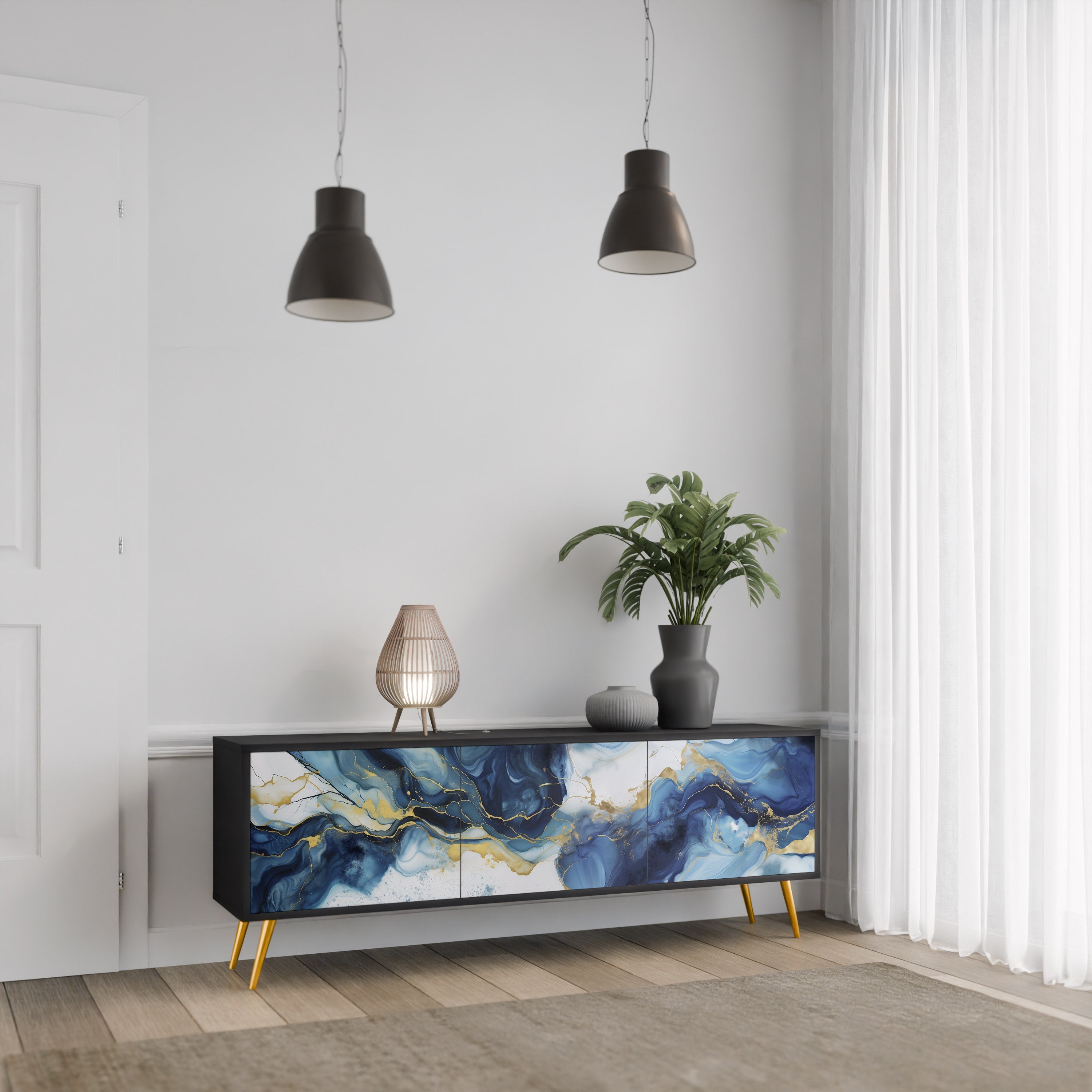 INKY MARBLE 3-Door TV Stand in Black Finish