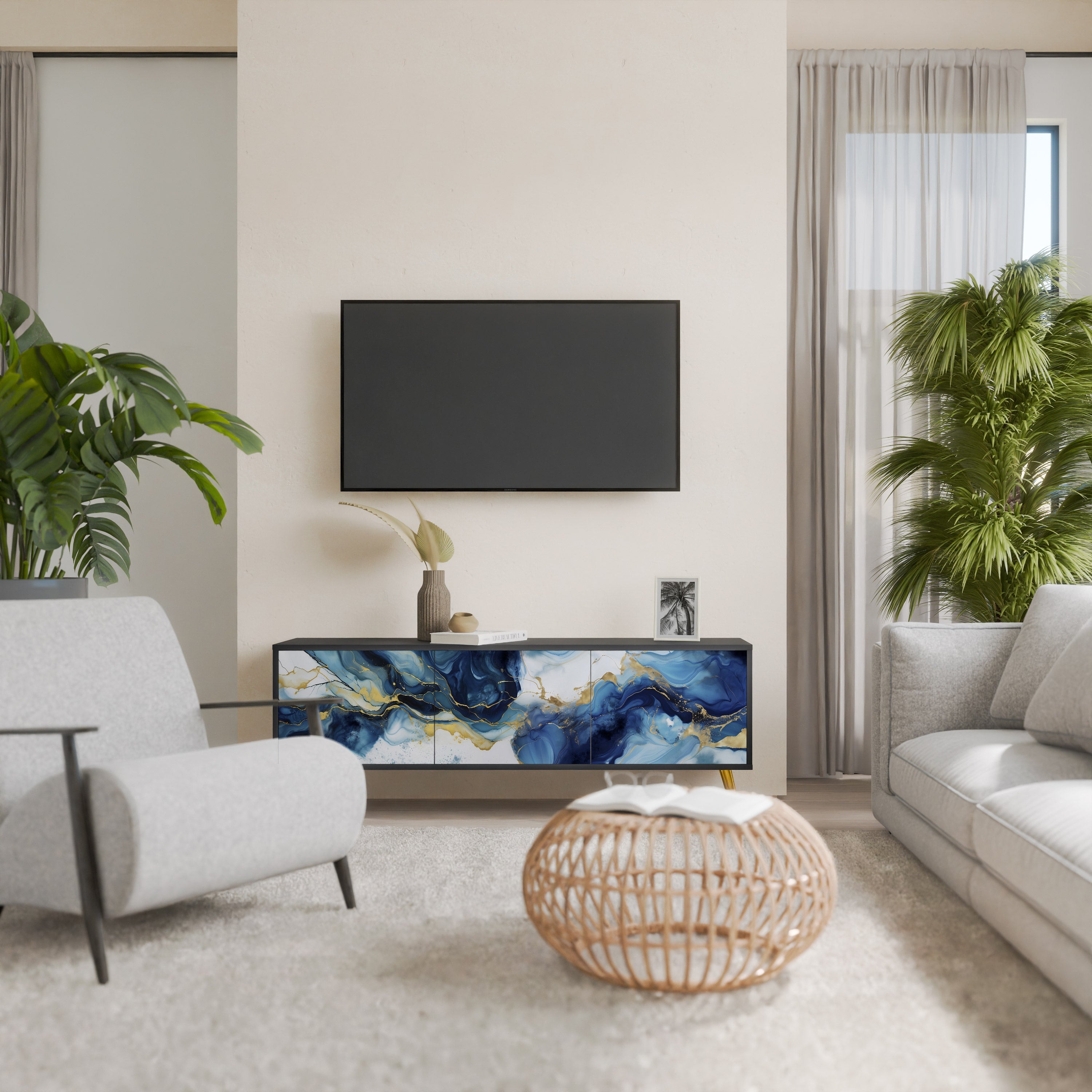 INKY MARBLE 3-Door TV Stand in Black Finish