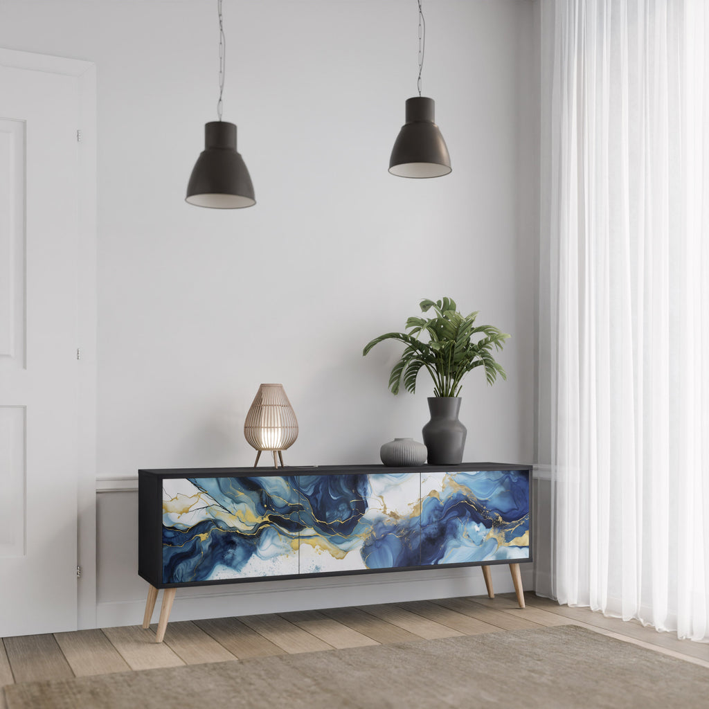 INKY MARBLE 3-Door TV Stand in Black Finish