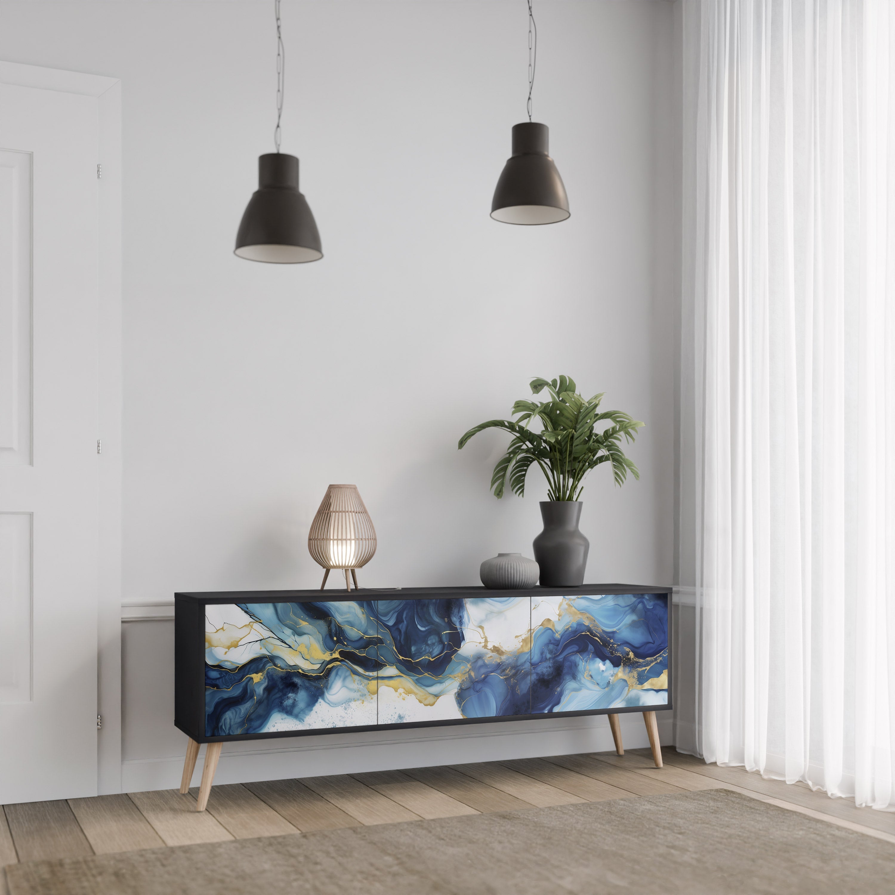 INKY MARBLE 3-Door TV Stand in Black Finish