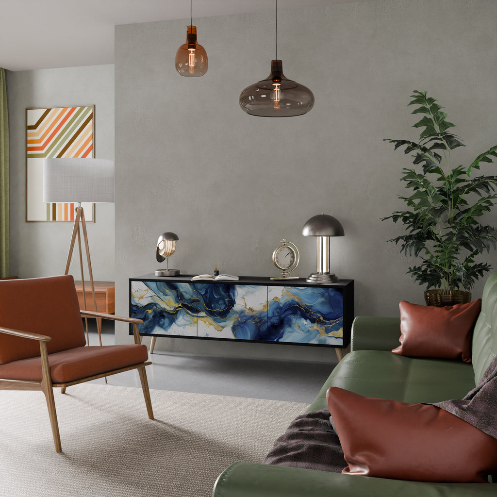 INKY MARBLE 3-Door TV Stand in Black Finish