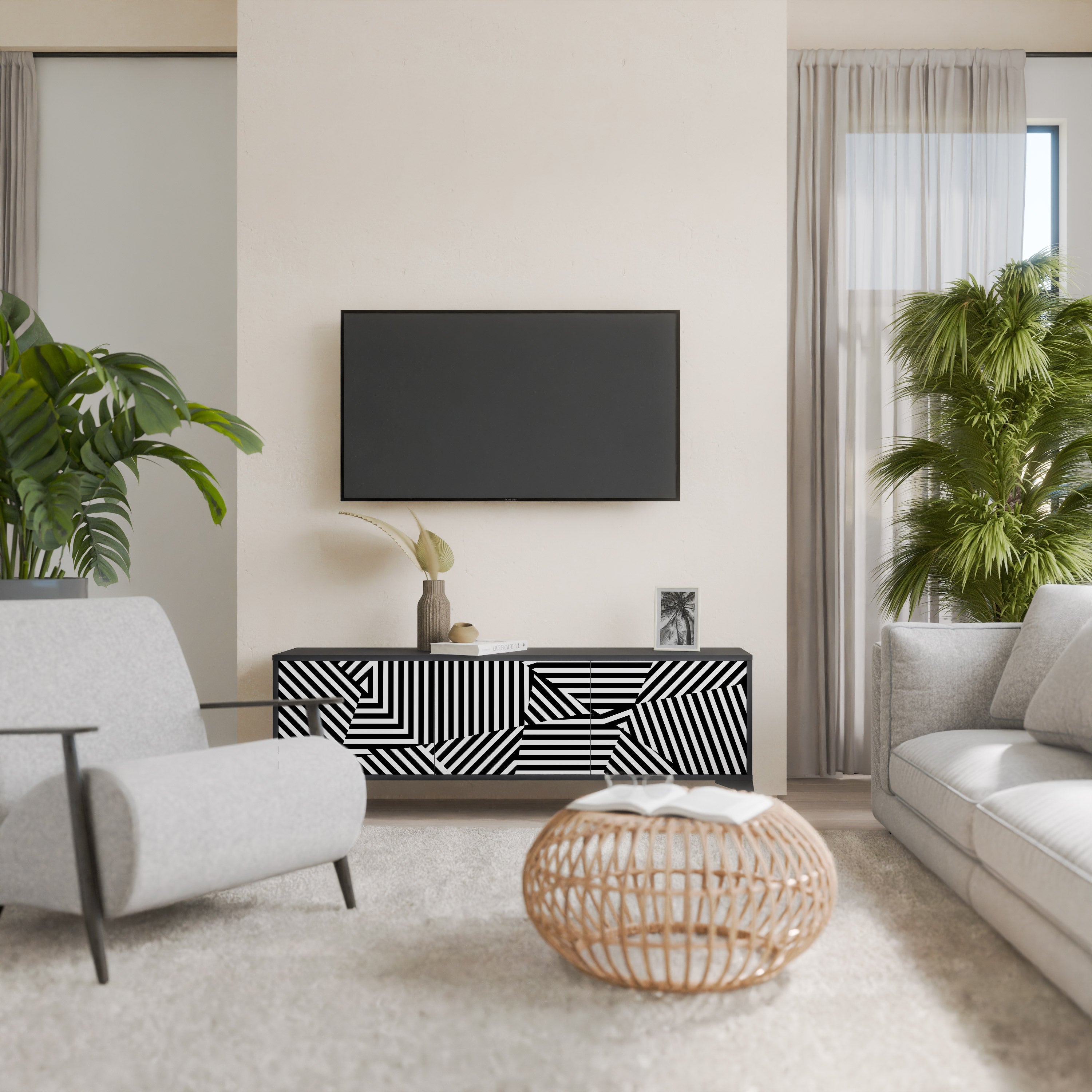 ILLUSIONARY LATTICE Móvel de TV com 3 Portas em Acabamento Preto