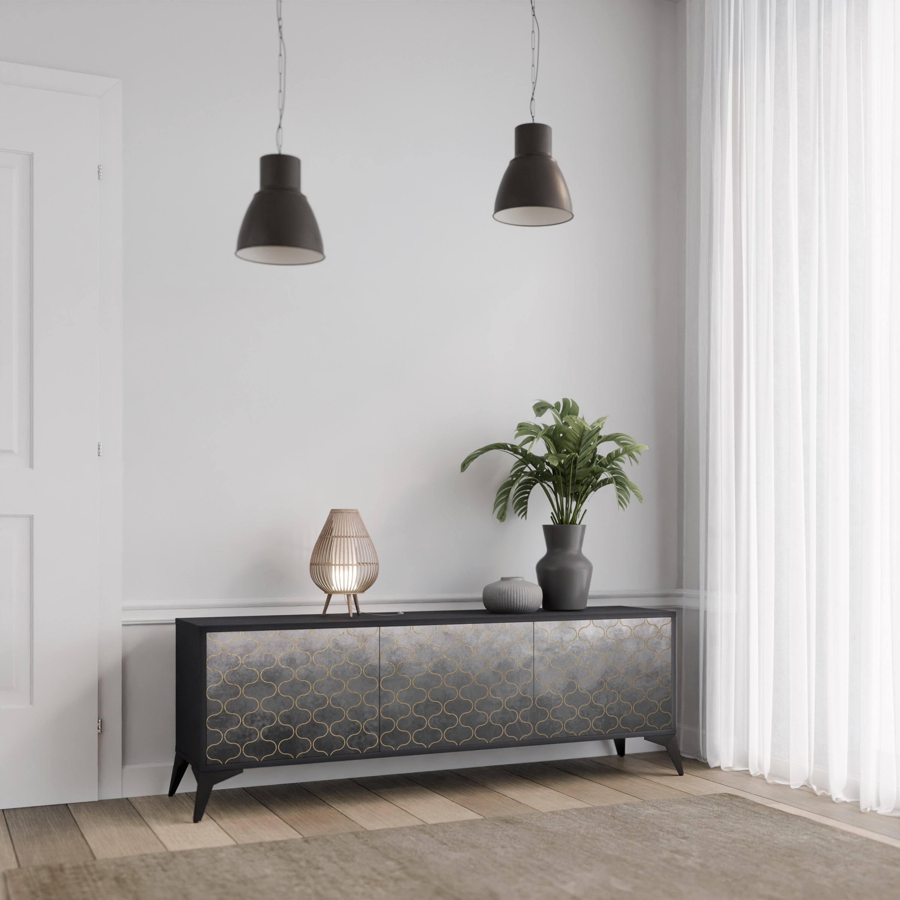 TESSELATED GRAYISH 3-Door TV Stand in Black Finish