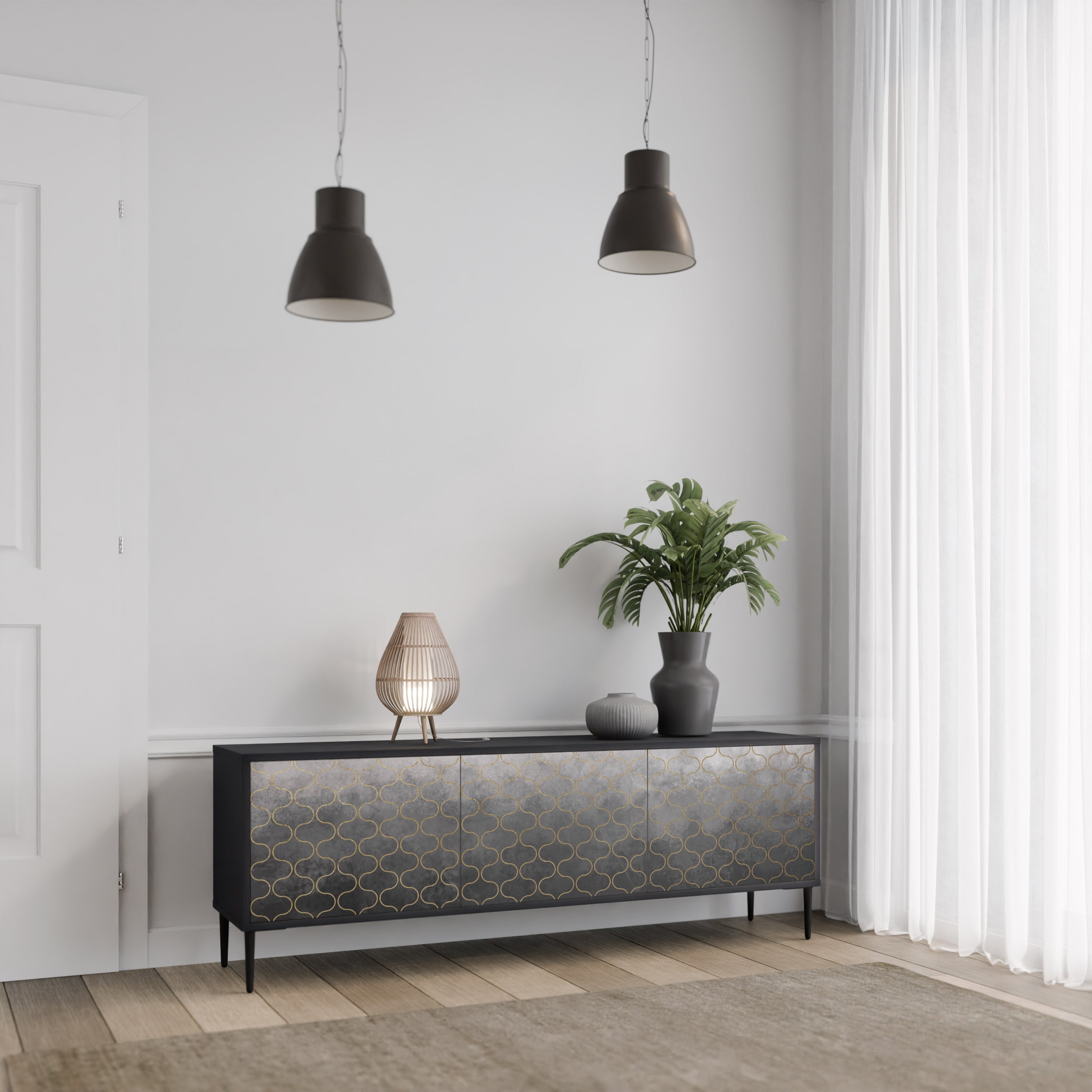 TESSELATED GRAYISH Móvel de TV com 3 Portas em Acabamento Preto