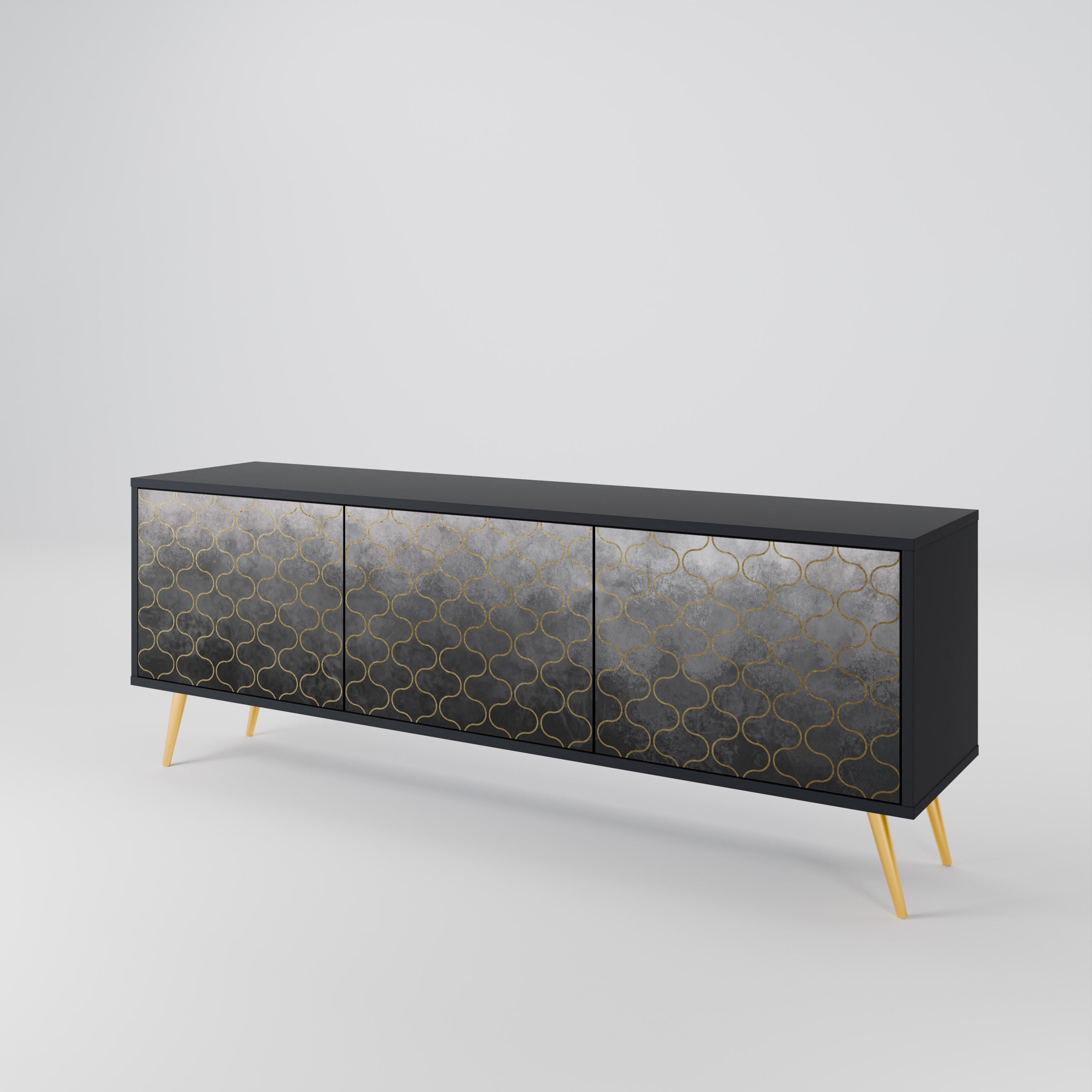 TESSELATED GRAYISH 3-Door TV Stand in Black Finish