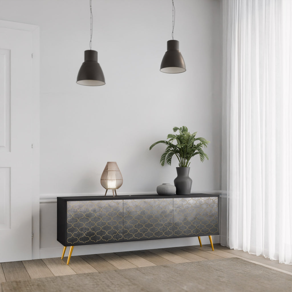 TESSELATED GRAYISH 3-Door TV Stand in Black Finish