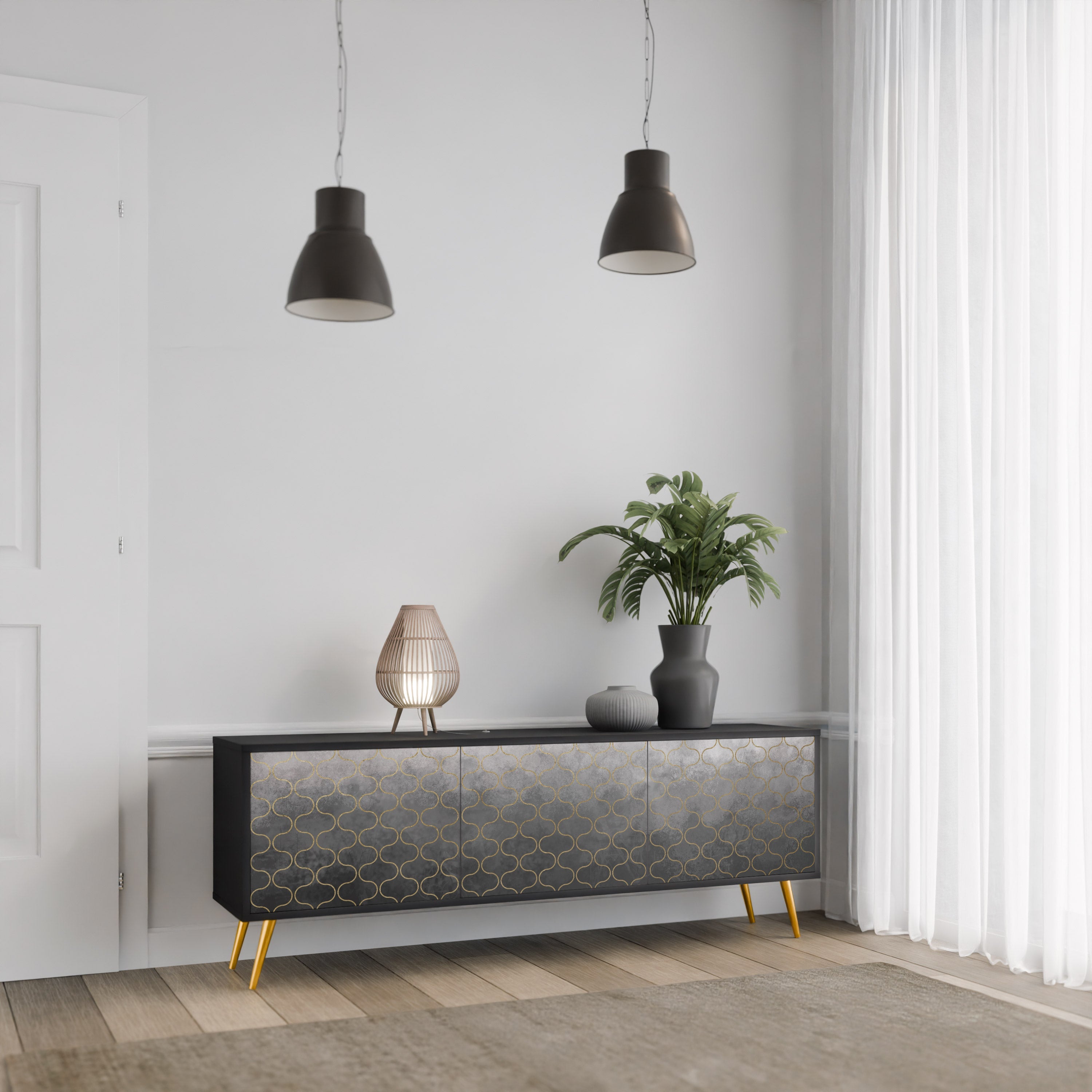 TESSELATED GRAYISH 3-Door TV Stand in Black Finish