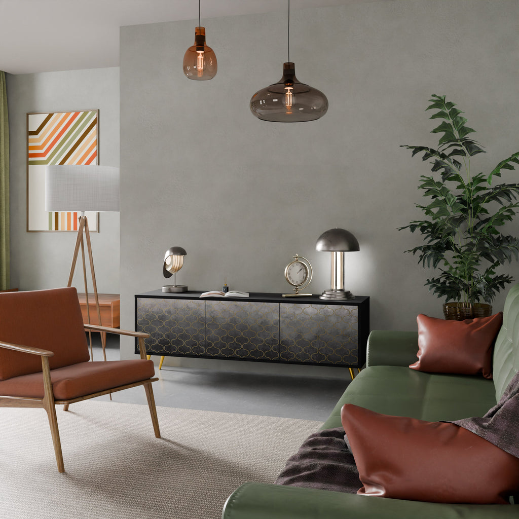 TESSELATED GRAYISH 3-Door TV Stand in Black Finish