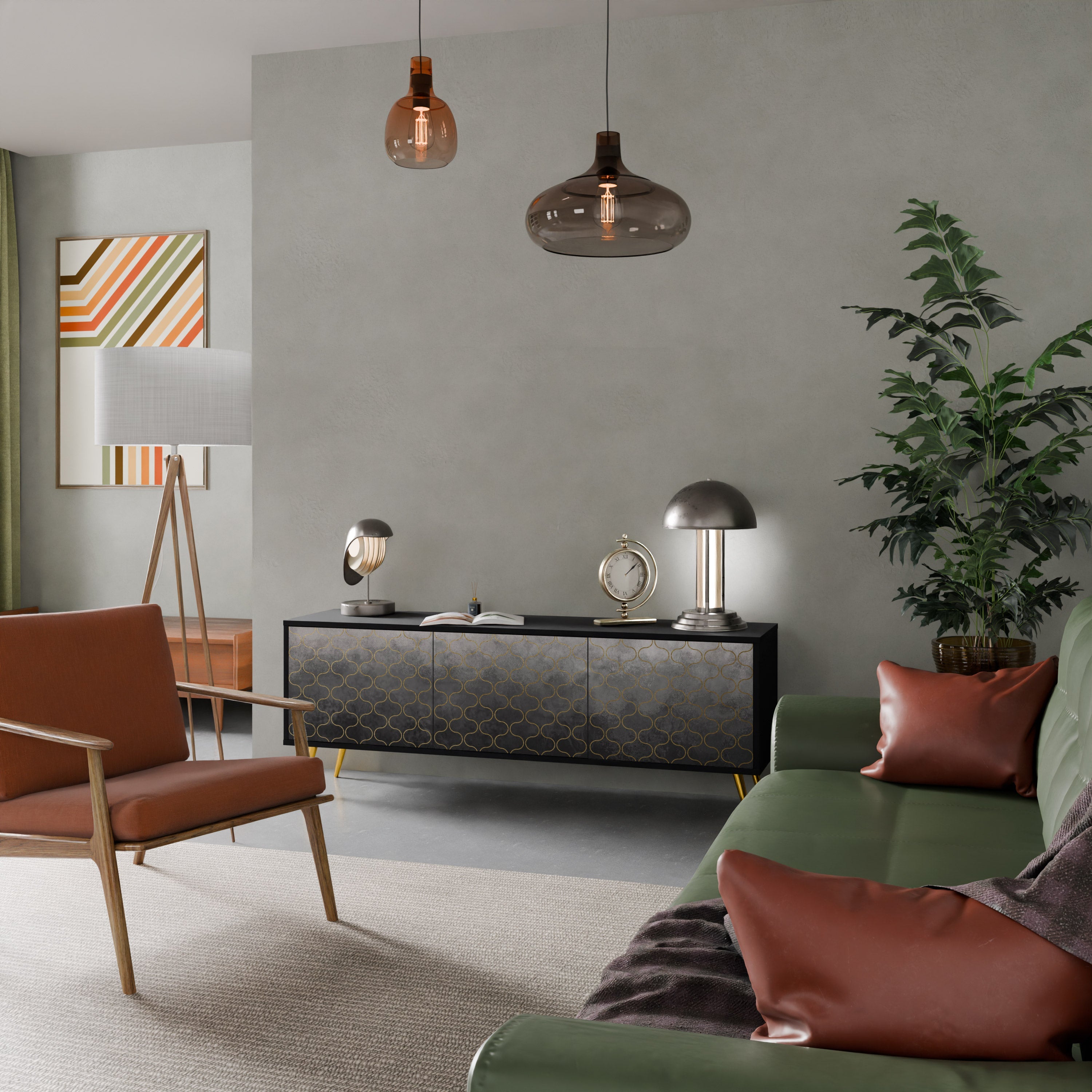 TESSELATED GRAYISH 3-Door TV Stand in Black Finish